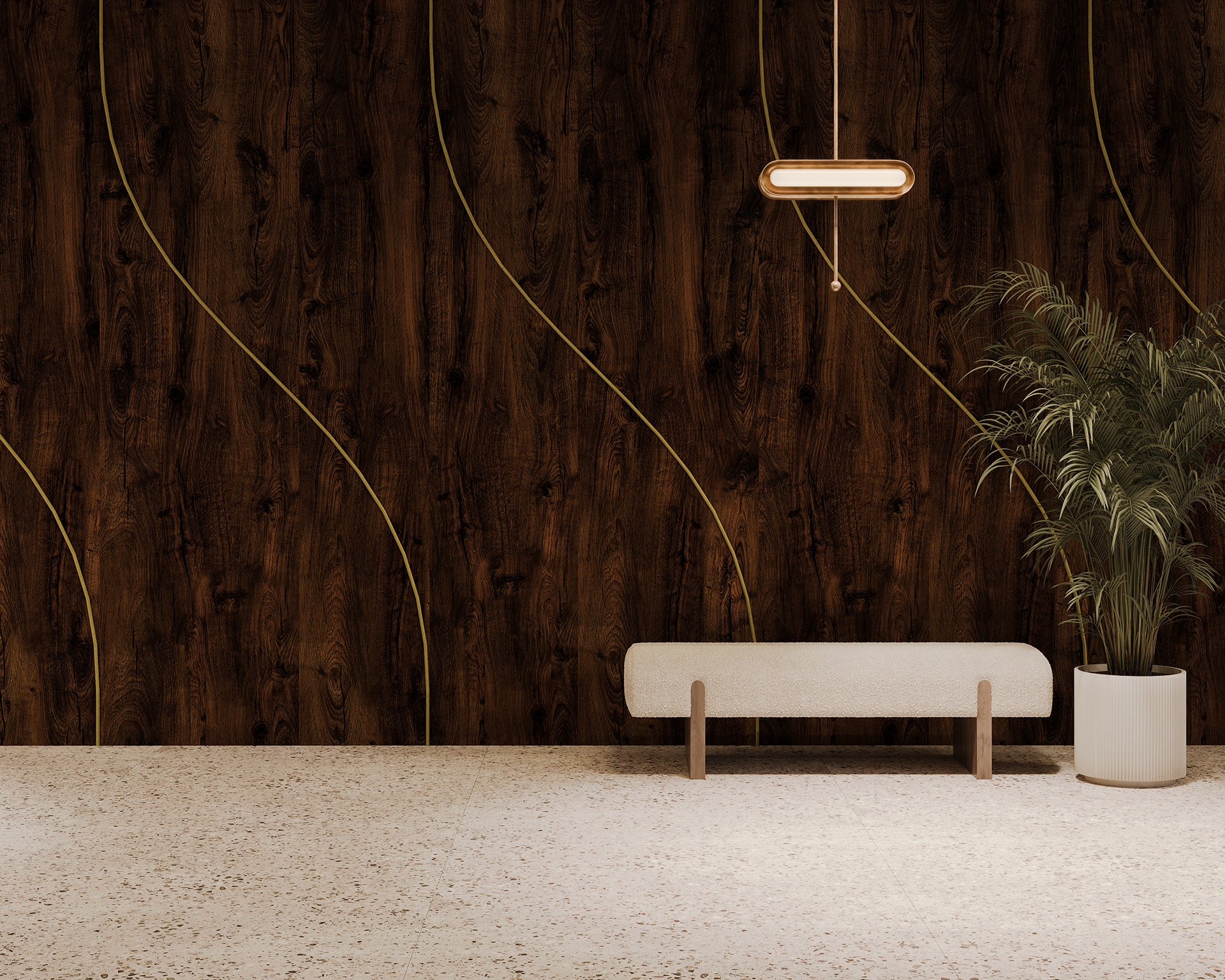 Stylish interior with a dark woodgrain acoustic felt wall featuring subtle gold lines, a modern pendant light, a minimalist white bench, and a potted plant on a terrazzo floor. The scene conveys a contemporary and elegant design.