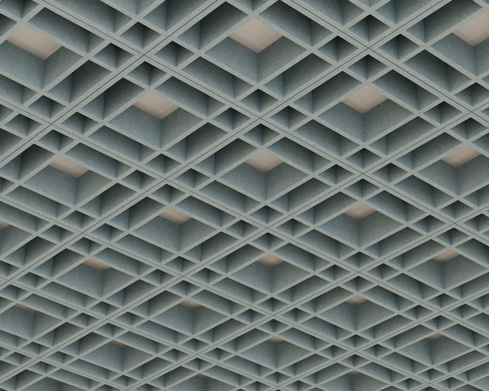 An acoustic felt ceiling featuring a geometric pattern of square, recessed tiles arranged in a grid. The pattern creates a sense of depth and repetition, with lighting subtly illuminating the design from within some of the recessed squares.