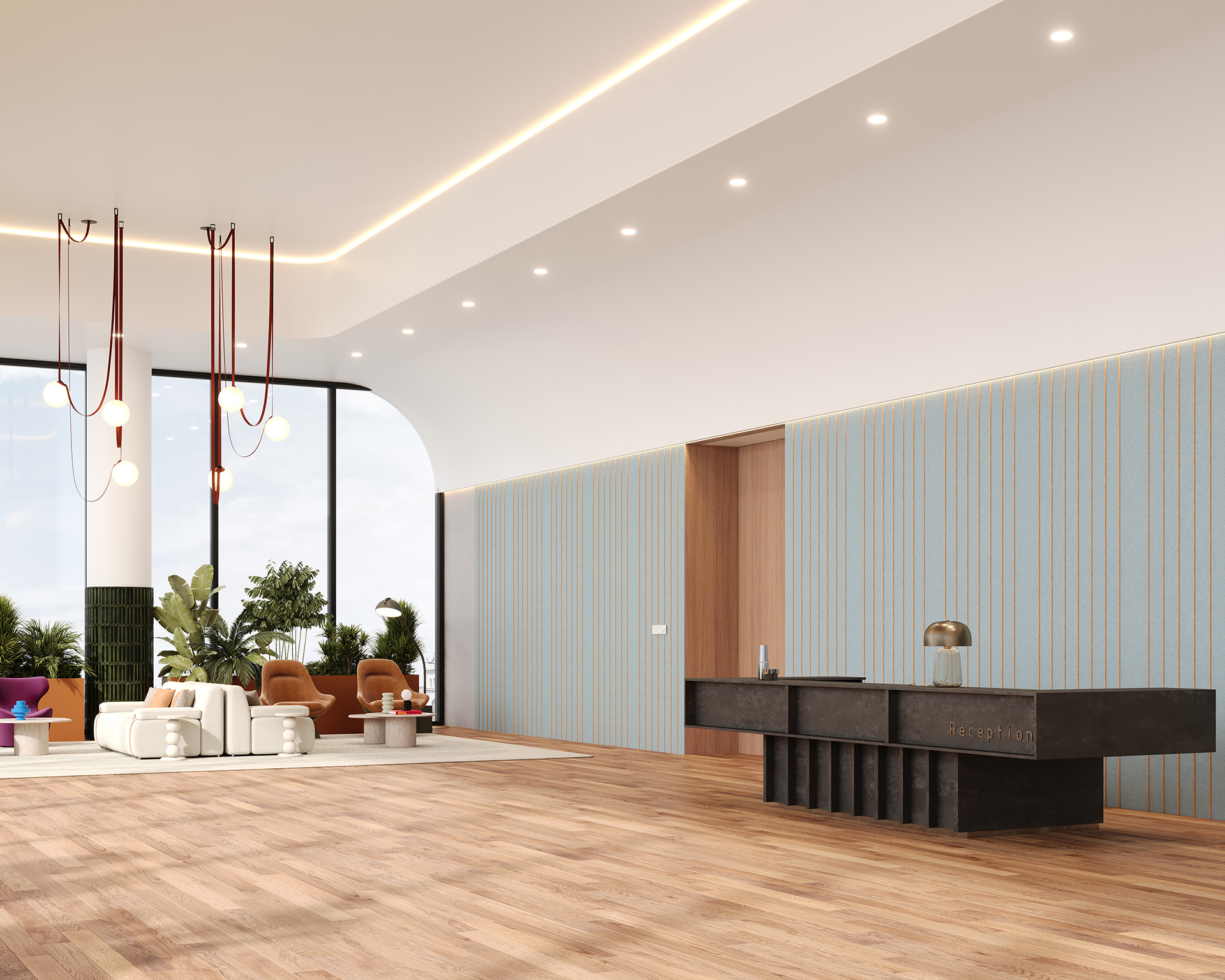 A modern lobby with wood flooring, a black reception desk, and light blue acoustic felt paneling on the walls. Pendant lights hang from the ceiling. Large windows reveal a view of greenery outside. Cozy seating with plants is in the background.