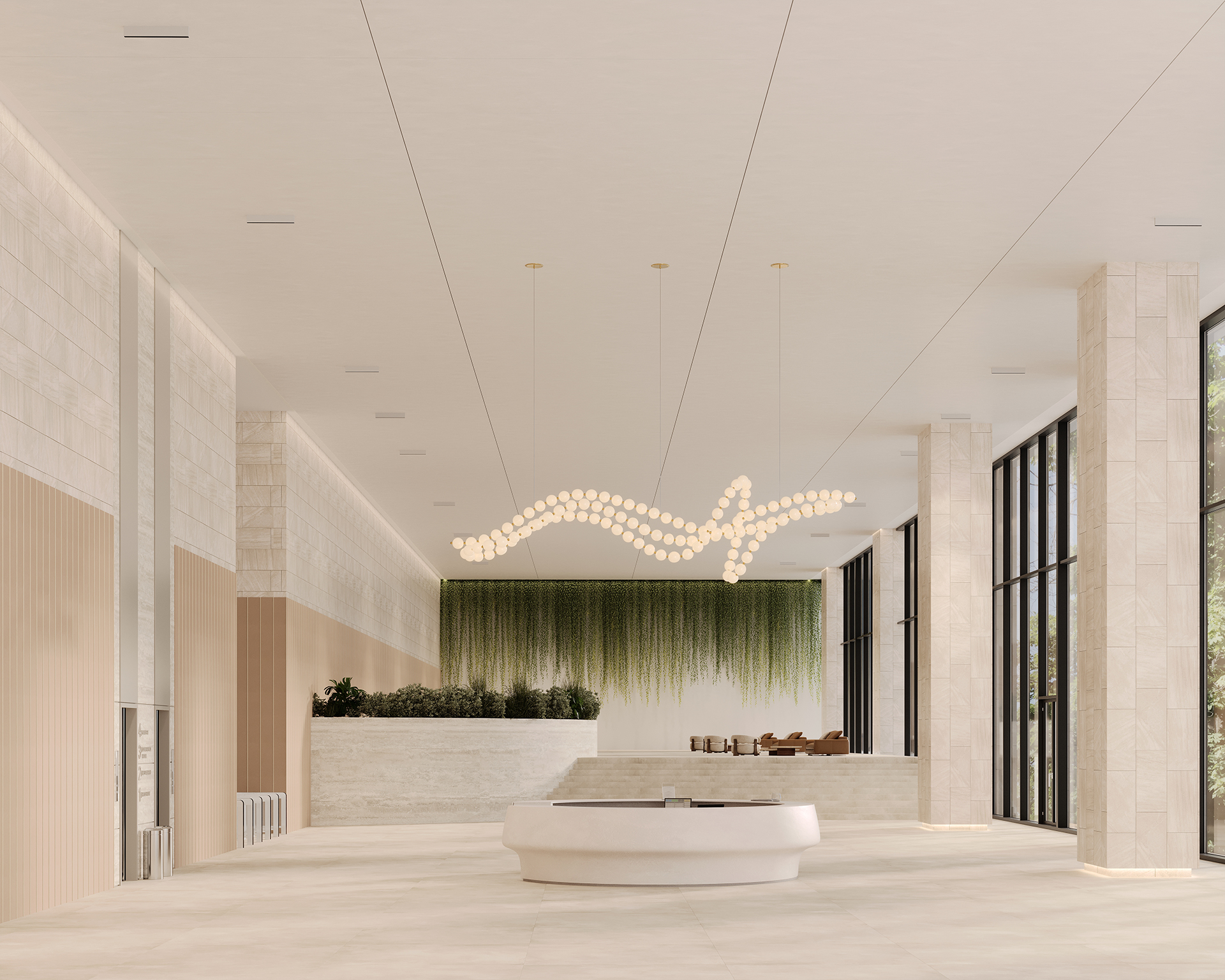 Spacious modern lobby with high ceilings, an acoustic felt accent wall, and large windows. A sculptural light fixture hangs above a circular reception desk. Vertical green wall with cascading plants adds a natural touch to the neutral-toned interior.