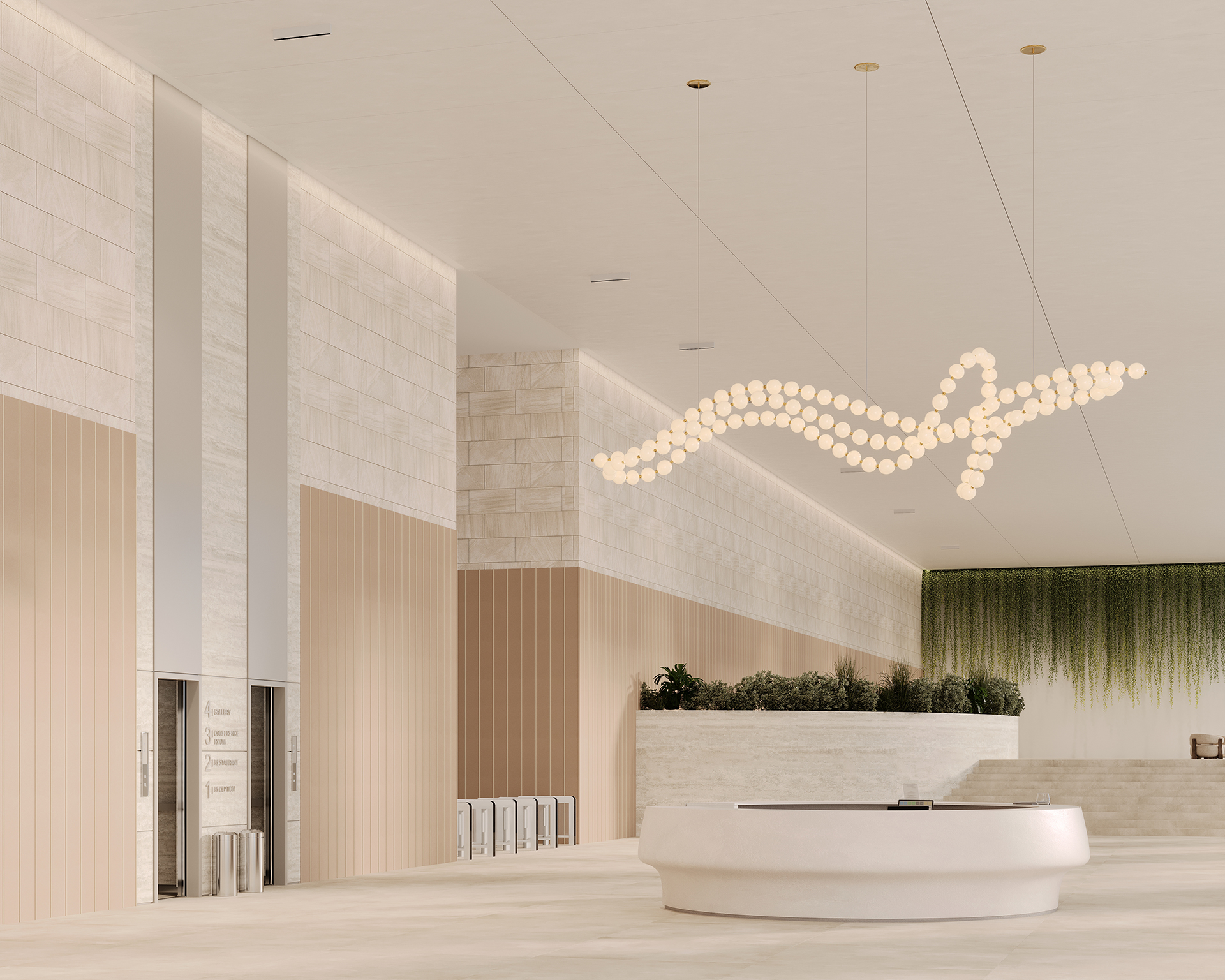 Spacious modern lobby with minimalist design. Features a round, white reception desk, vertical greenery, and a unique wave-like chandelier made of small round lights. Neutral tones dominate the acoustic felt walls and flooring, creating an airy ambiance.