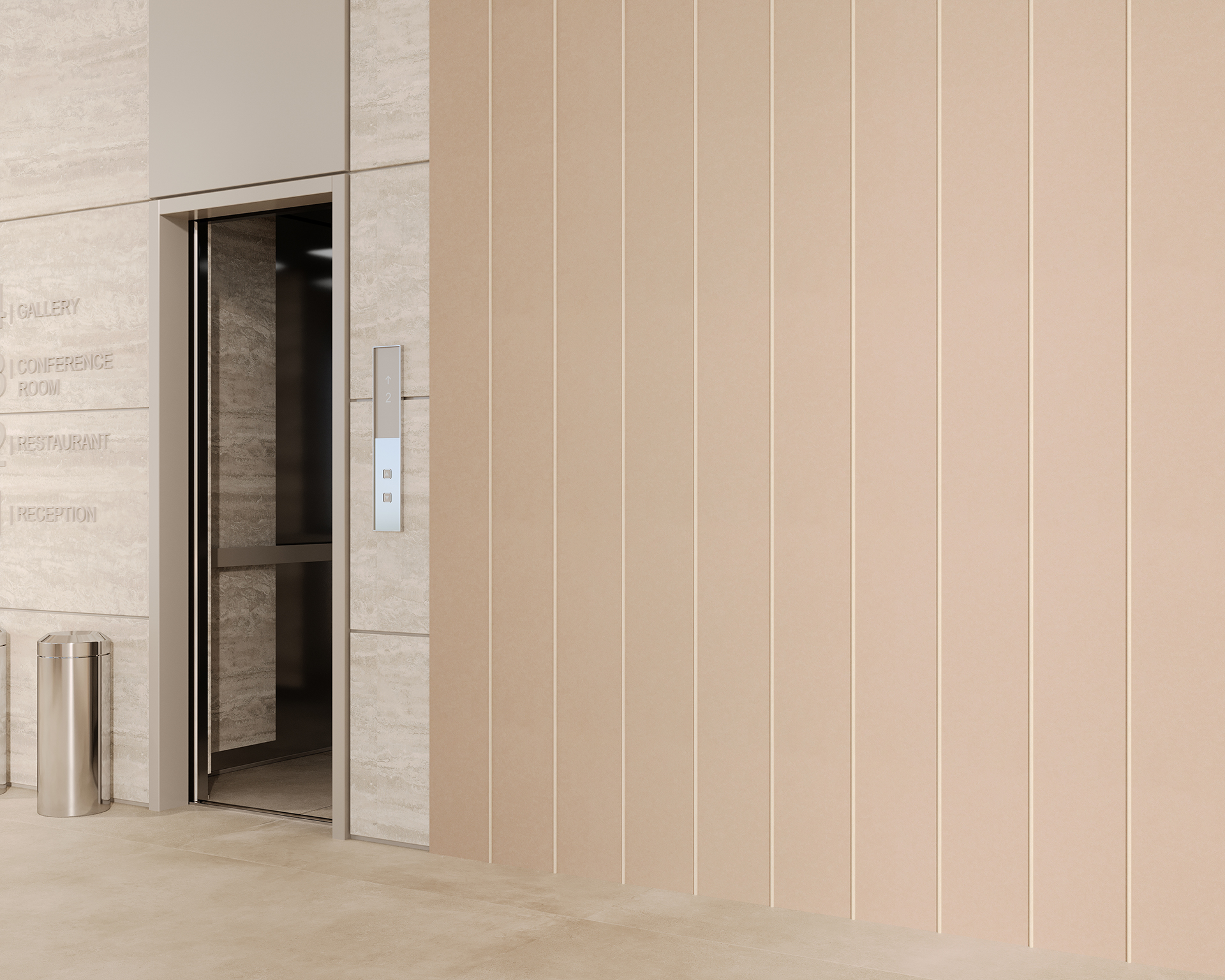 Open elevator with beige acoustic felt walls and a metallic trash bin nearby. Buttons and floor indicator on the panel beside the elevator entrance. Wall signs in the background display location names.