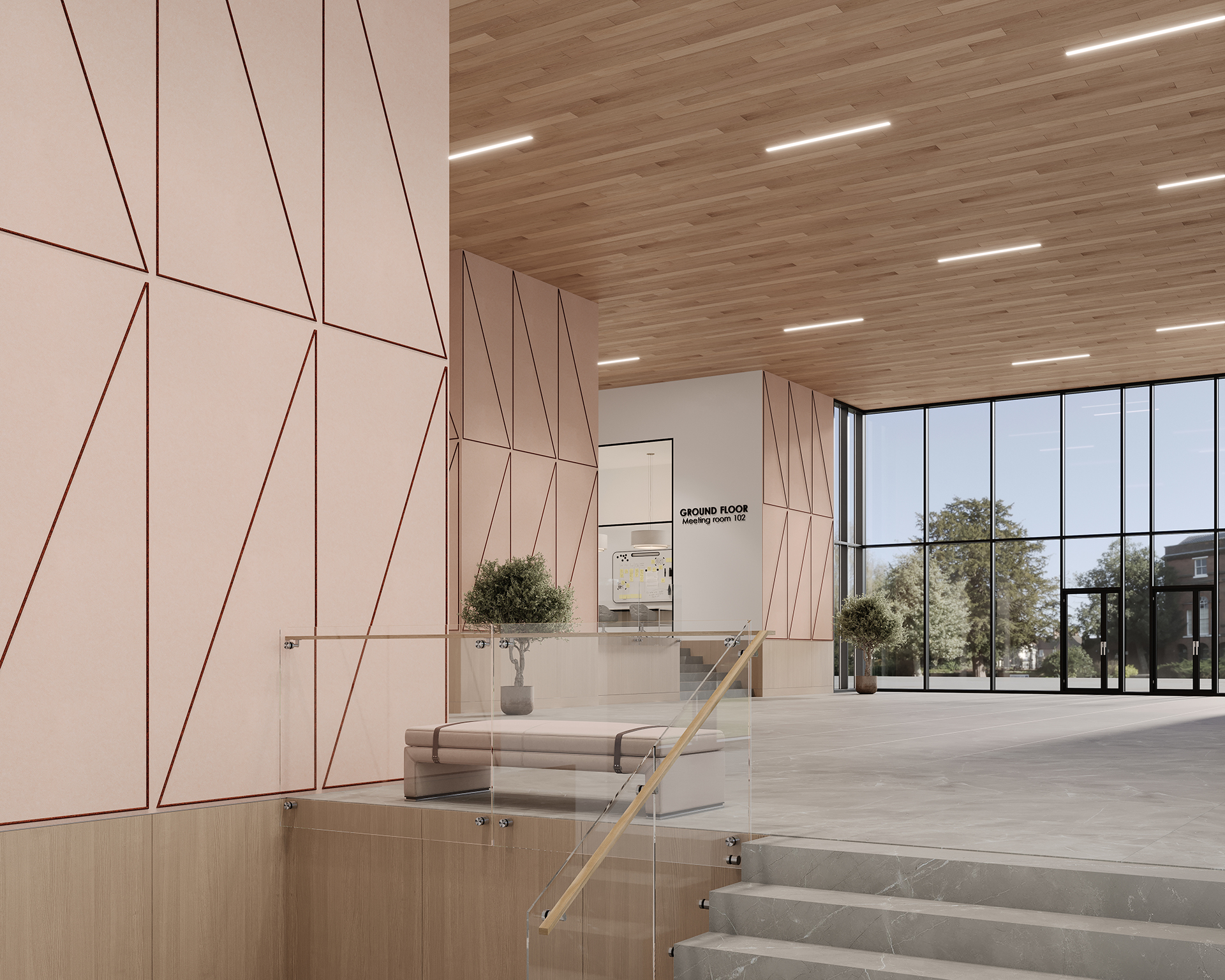 Modern lobby with geometric acoustic felt wall designs and a wooden ceiling. Large windows on the right offer a view of trees and buildings. Stairs with glass railing lead down, and a conference room is visible in the back.