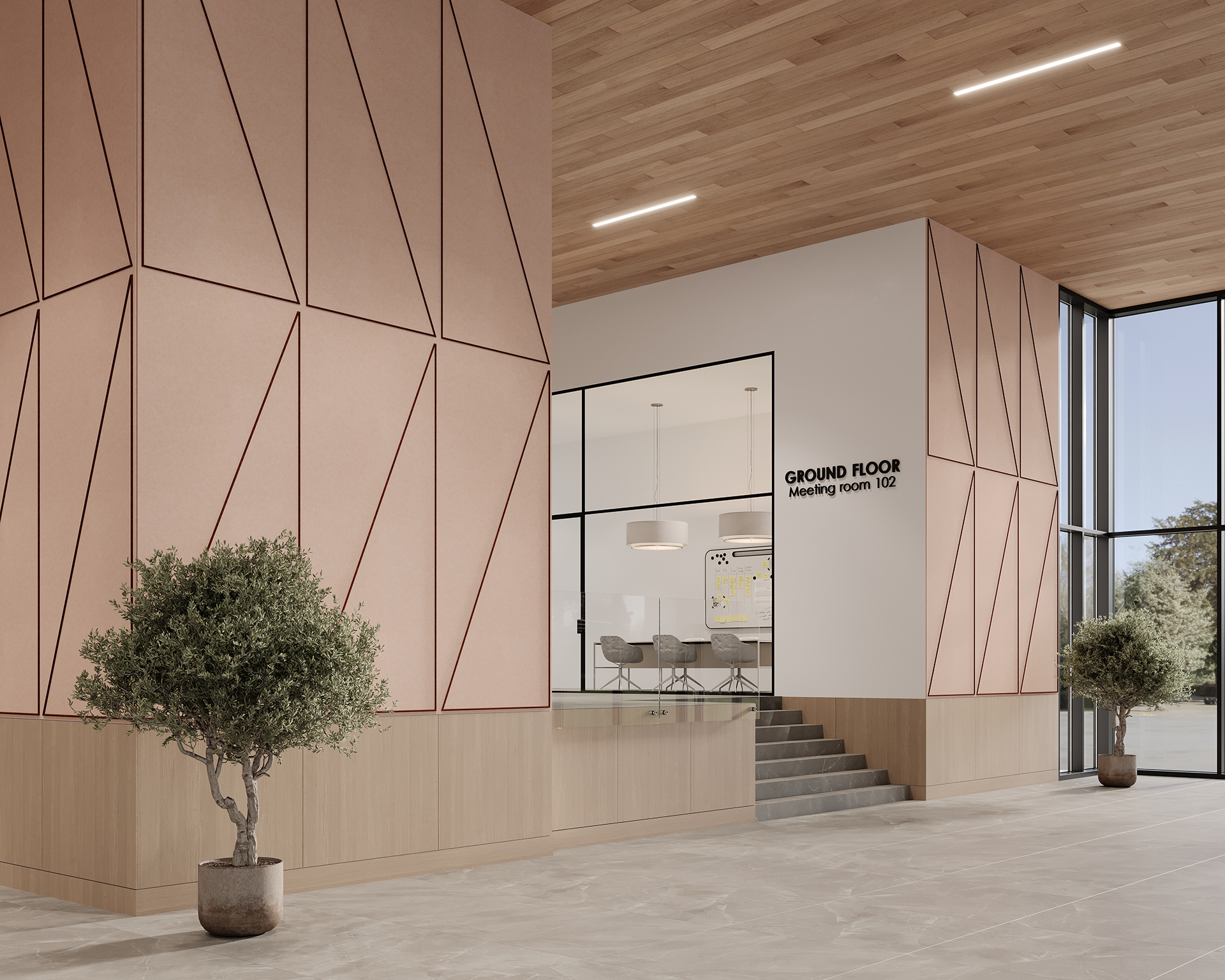Spacious modern lobby with geometric acoustic felt wall panels, large windows, and wooden ceiling. A meeting room labeled "Ground Floor, Meeting Room 102" is visible through glass walls, with round table and chairs. Two potted trees flank the staircase.