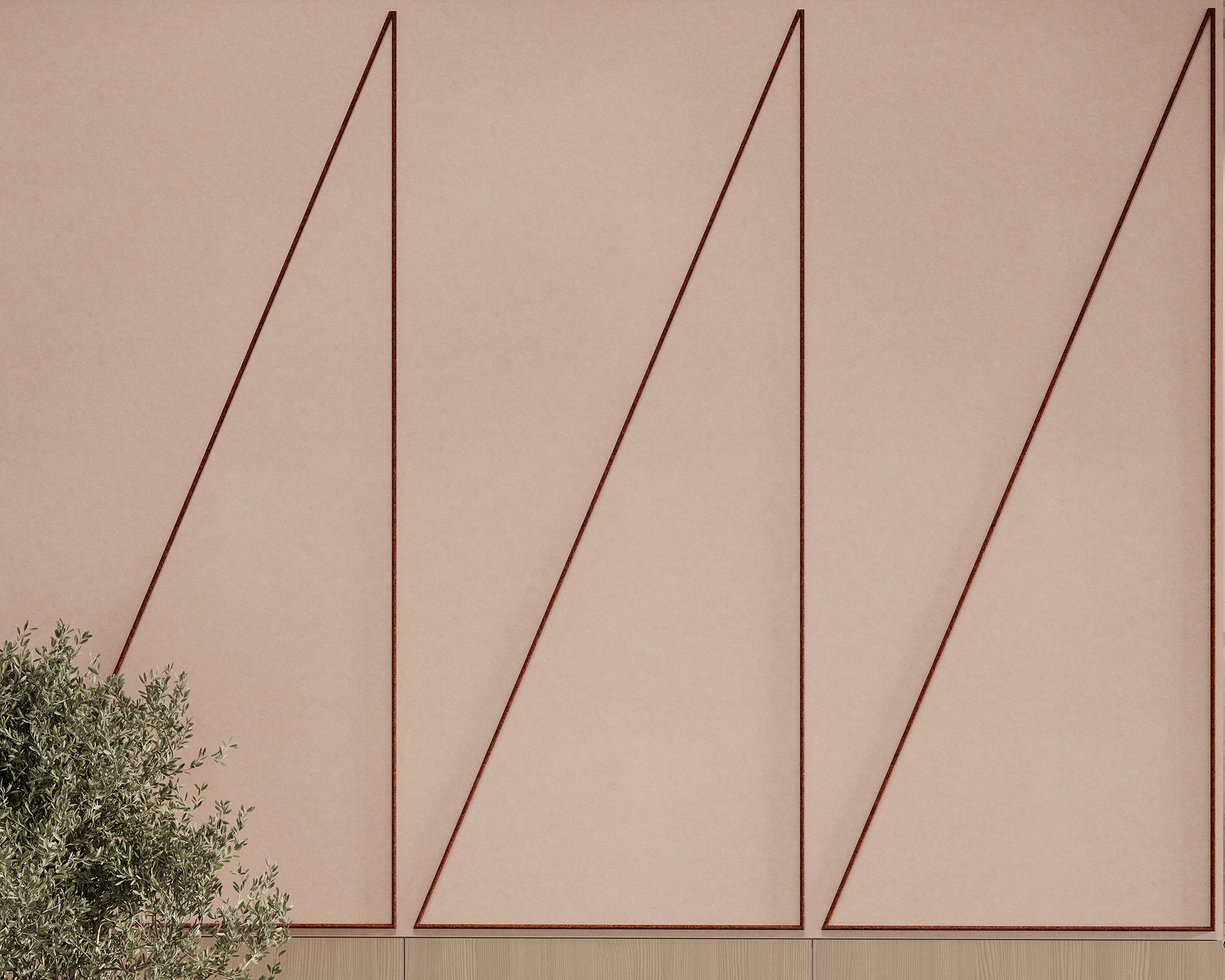 Abstract design featuring three triangular shapes outlined in dark lines on a light beige acoustic felt wall panel. A small green leafy plant is visible in the bottom left corner, adding a natural element to the minimalist composition.