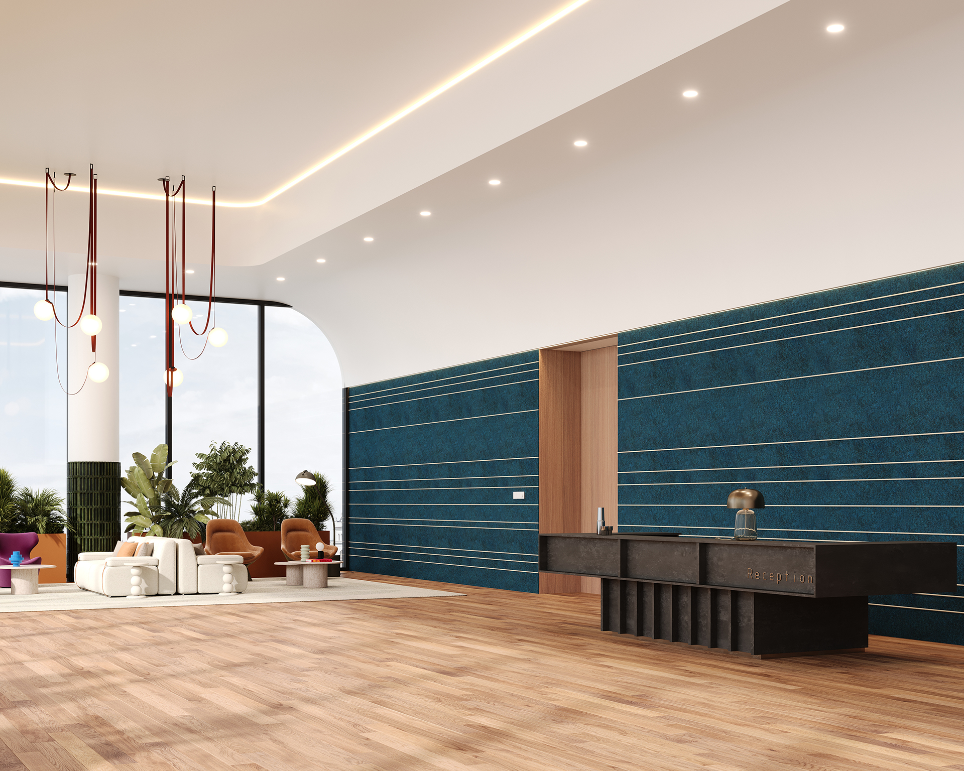 Spacious modern lobby with a high ceiling, wood flooring, and a black reception desk. Blue acoustic felt textured wall with horizontal lines. Seating area with white sofas and brown chairs, surrounded by plants. Hanging pendant lights add elegance. Large window view.