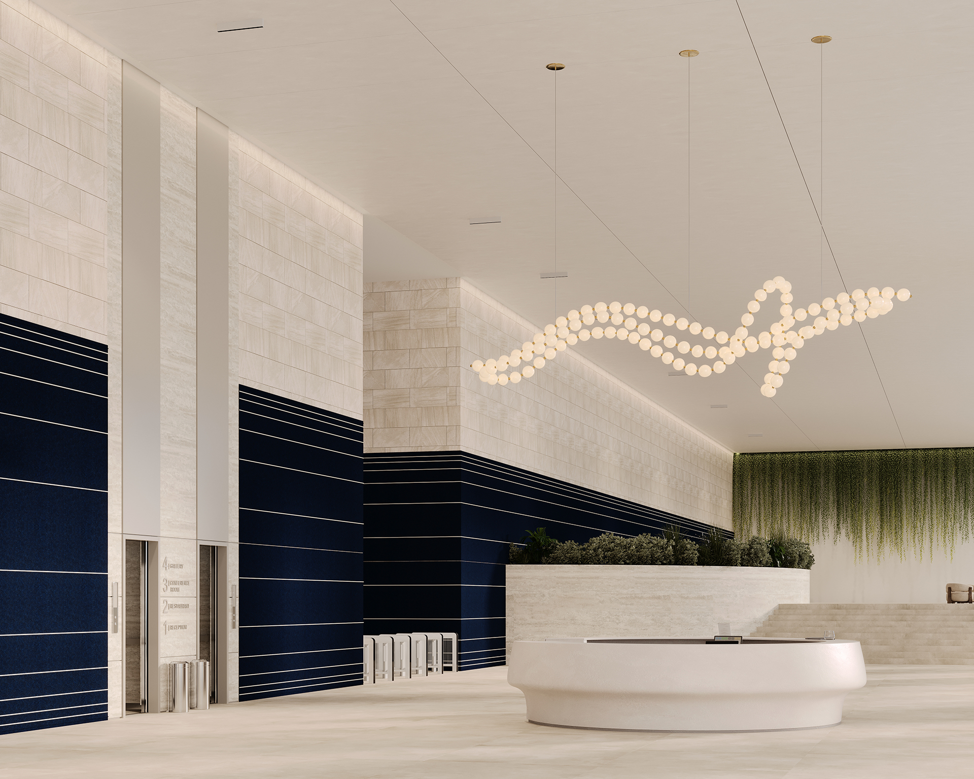 Spacious modern lobby with tall ceilings and minimalist design. Large circular white reception desk with plants. Navy blue and cream acoustic felt walls. Hanging abstract light fixture. Vertical greenery on the right wall. Natural light fills the area.