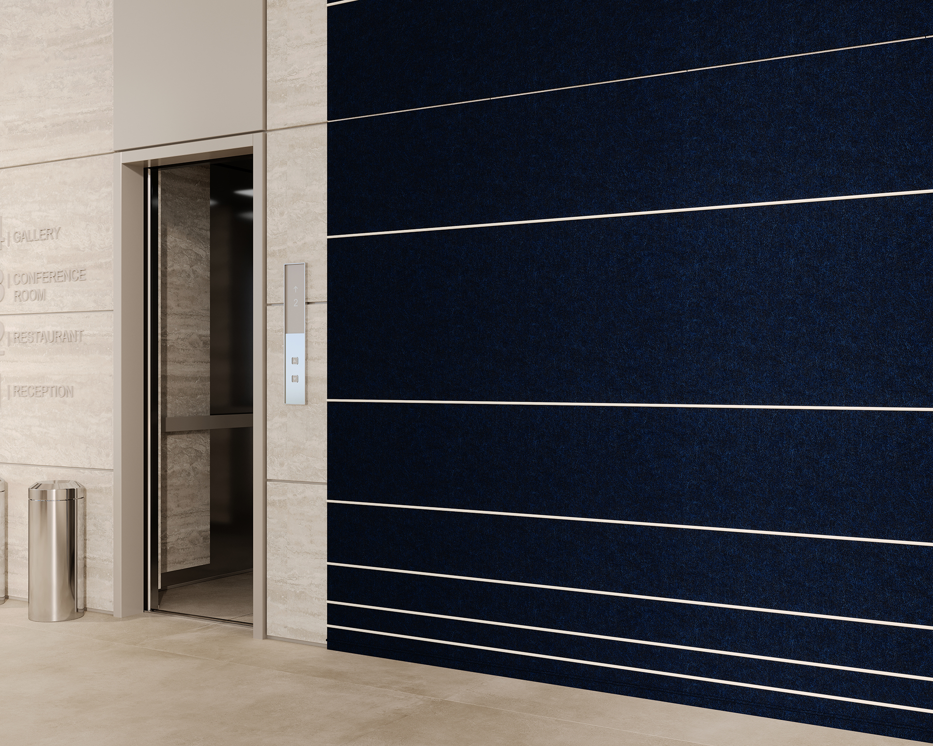 Modern elevator with open doors in a building lobby. The interior walls are wood-textured with silver elevator buttons visible. The surrounding wall is dark blue acoustic felt with white stripes. A trash can and signage are next to the elevator.