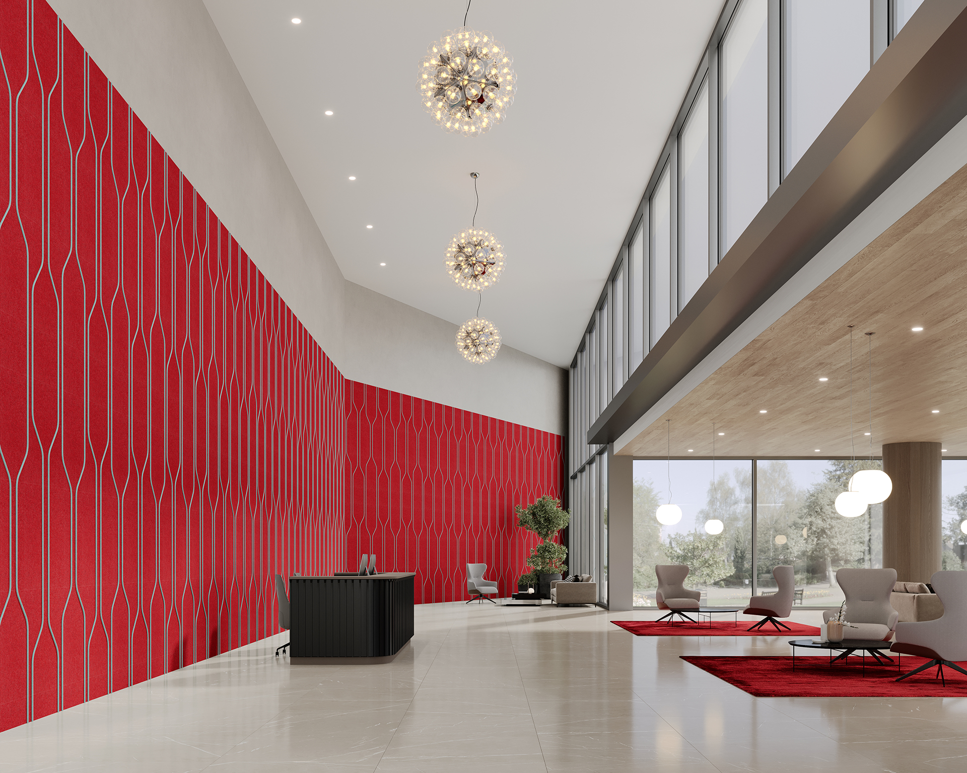 Spacious modern lobby with high ceilings, featuring a striking red acoustic felt textured wall, three spherical pendant lights, and a black reception desk. Large windows allow natural light, with seating and small tables on a tiled floor.