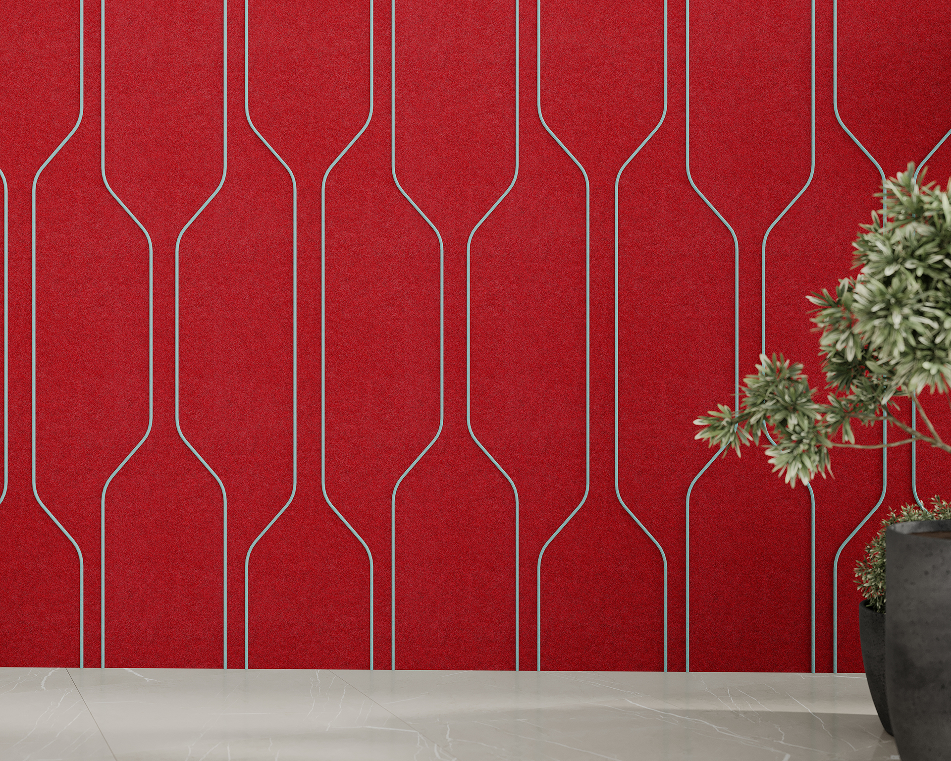 A modern interior features a red acoustic felt wall with sleek, vertical silver lines forming geometric patterns. On the right, a green leafy plant in a dark pot sits on a polished gray floor.