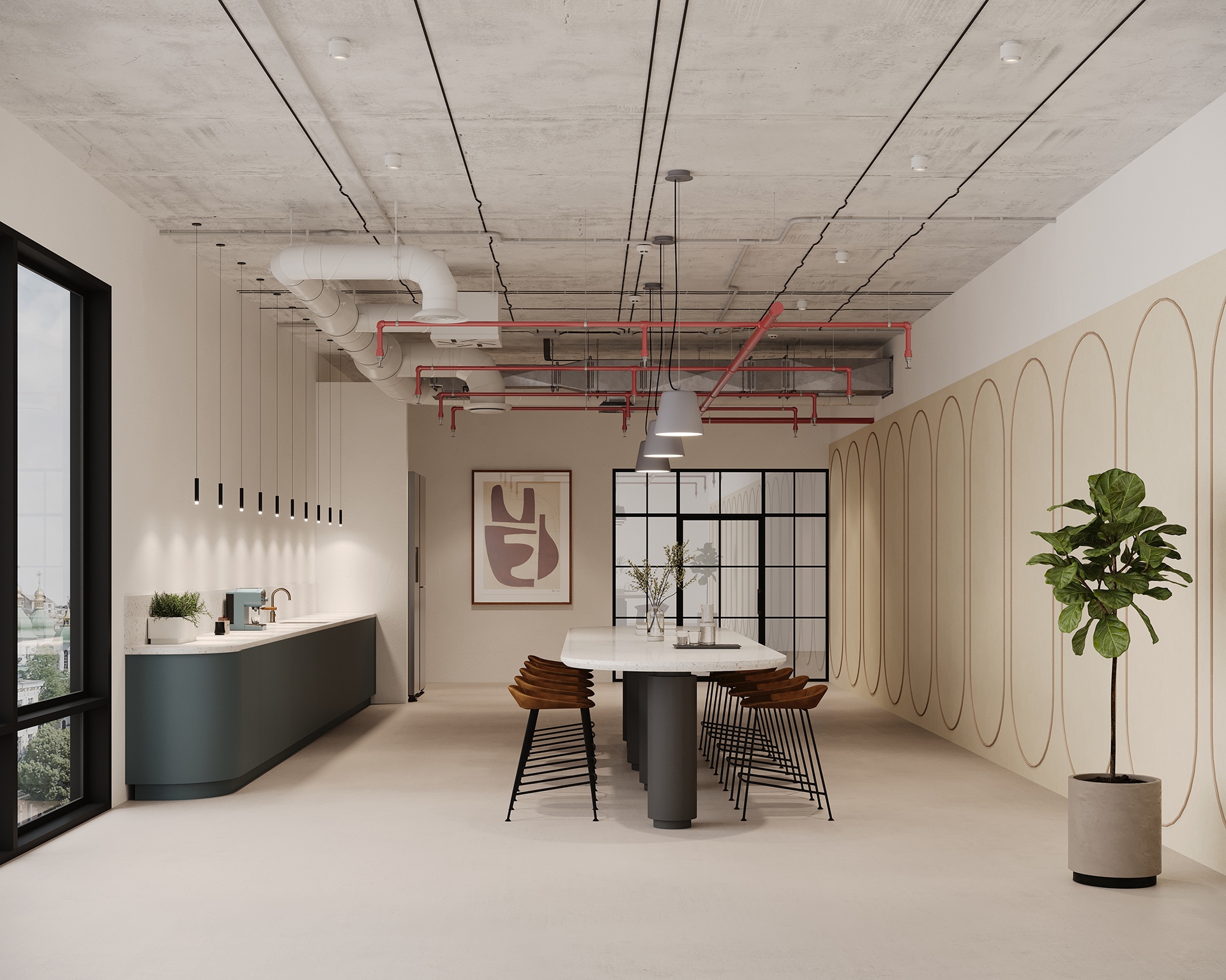 Modern office lounge with a long table, tall chairs, and a kitchen area with a countertop and sink. Industrial ceiling with exposed pipes and an acoustic felt acoustic felt accent wall. A large potted plant is on the right, and large windows allow natural light.