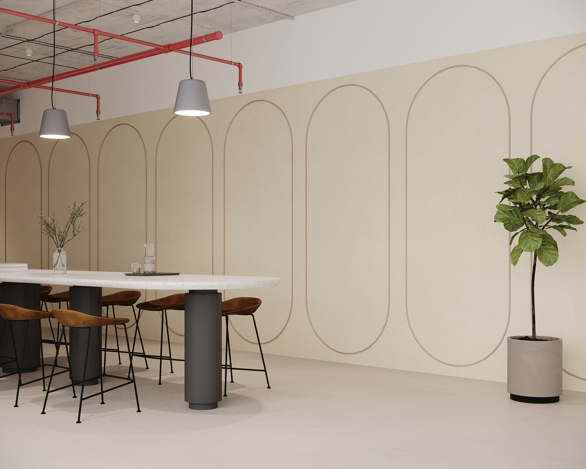 A modern office space with a long white table surrounded by brown chairs. Two pendant lights hang above. A large potted plant is on the right, near an acoustic felt wall with minimalist oval patterns. A red pipe is visible on the ceiling.