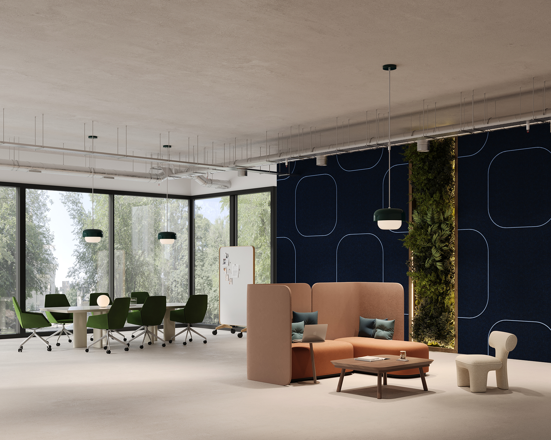A modern office space with large windows, featuring a green wall set into a dark blue acoustic felt wall, lounge area with a sofa and chairs, and a conference table with chairs. A whiteboard is visible in the corner. Pendant lights hang from the ceiling.