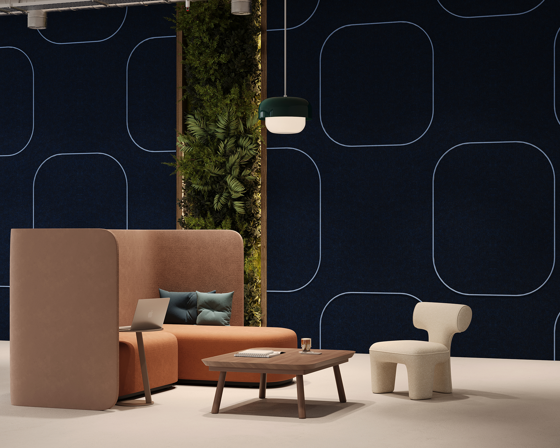 Modern interior featuring a brown sofa with a laptop and cushions, a wooden coffee table, and a cream chair. A vertical garden wall adds greenery, and a pendant light hangs from the ceiling, with a dark acoustic felt wall backdrop featuring geometric patterns.
