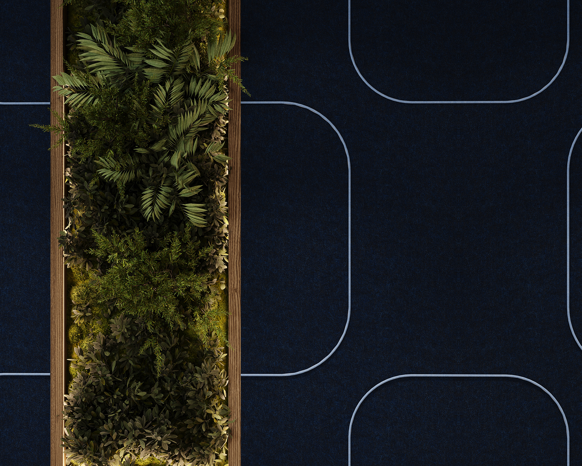 Aerial view of a vertical garden with lush green foliage in a wooden planter box, set against a dark blue acoustic felt wall with curved lines. The contrast highlights the vibrant plants against the geometric pattern of the floor.