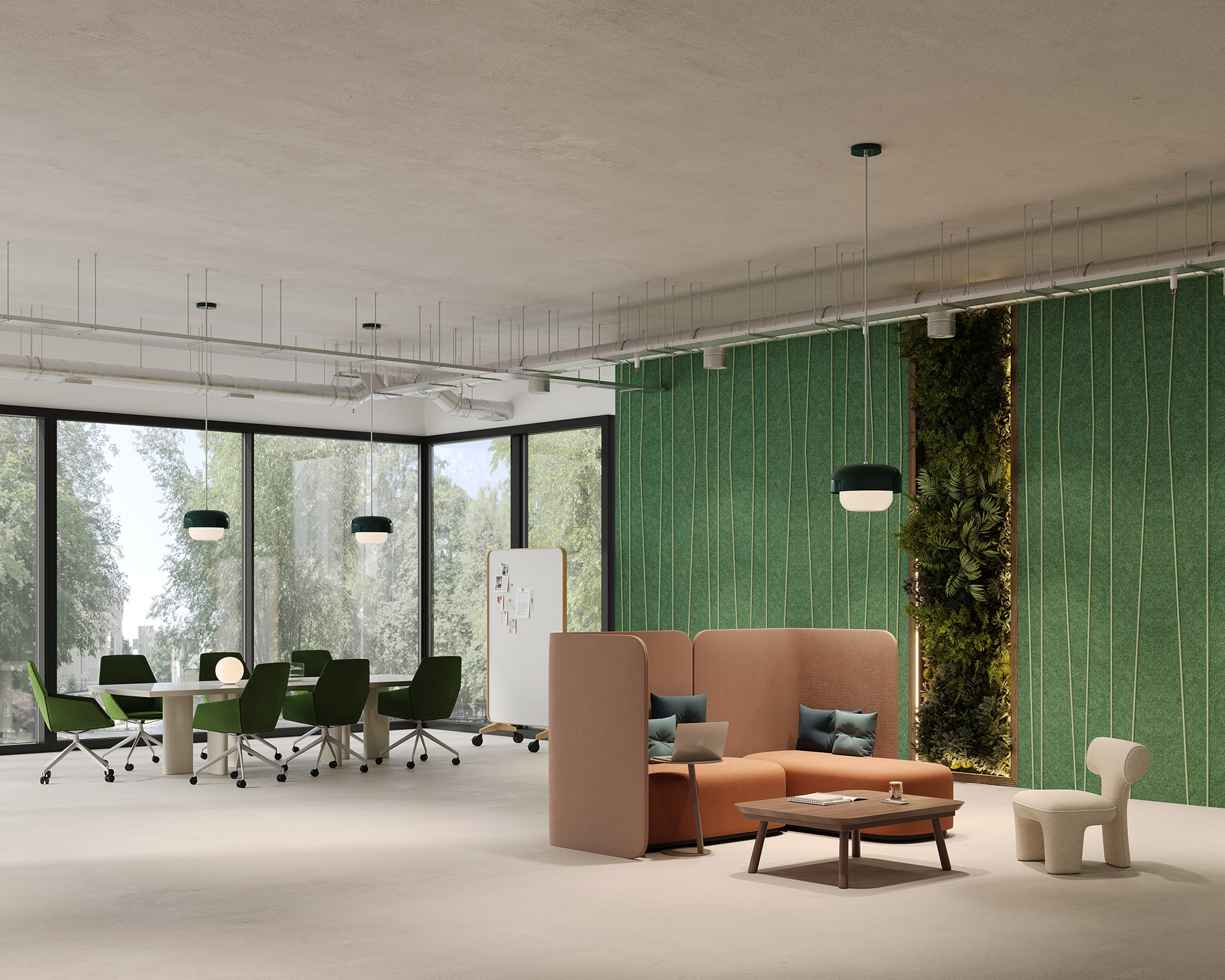 A modern office space with large windows, a seating area with a peach sofa and small table, green acoustic felt wall panels, and a meeting area with a round table and green chairs. A vertical garden adds a touch of nature.