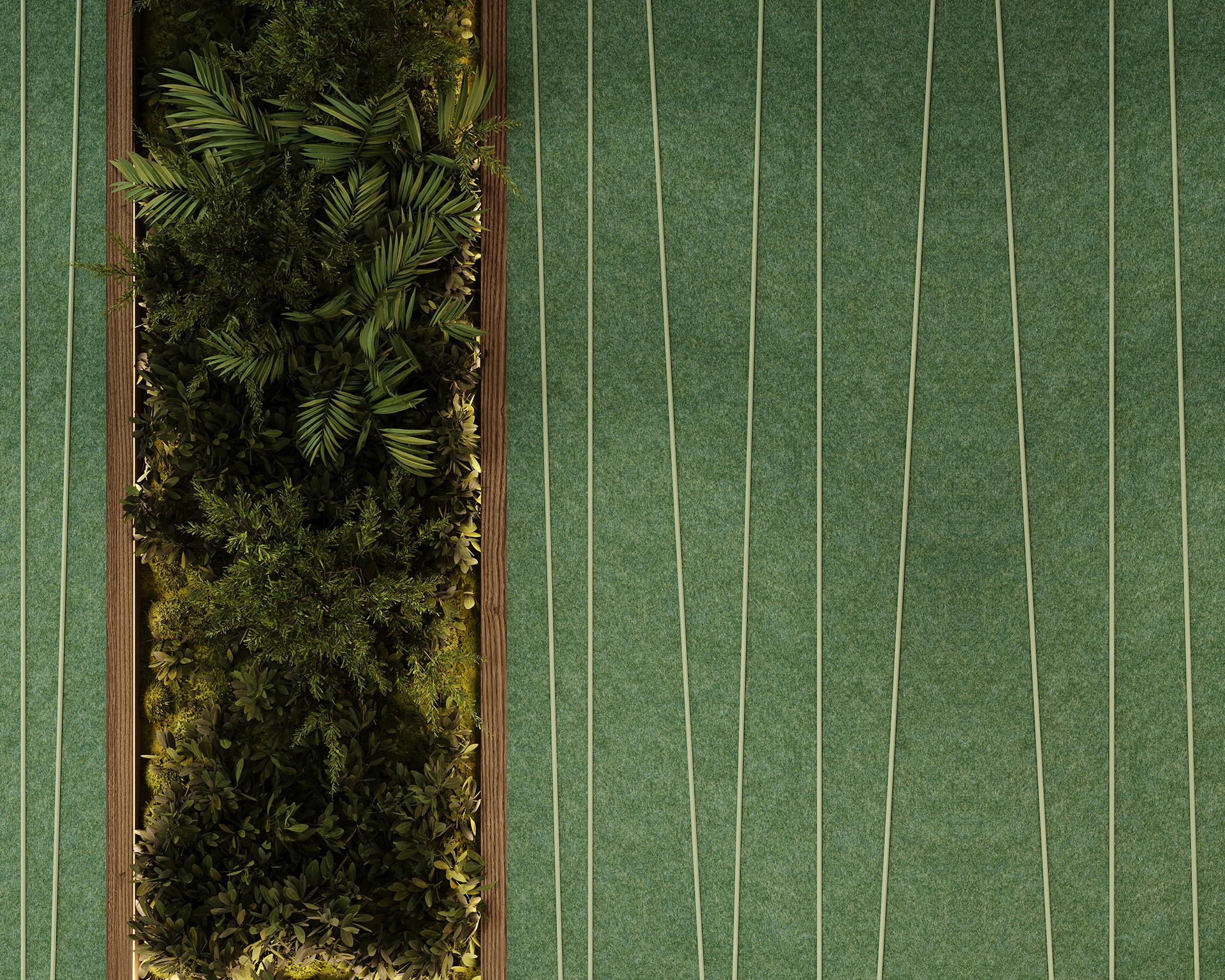 Top view of a narrow rectangular planter filled with various green plants. It is placed on a green acoustic felt wall with thin, parallel white lines. The contrast highlights the natural foliage against the structured pattern.