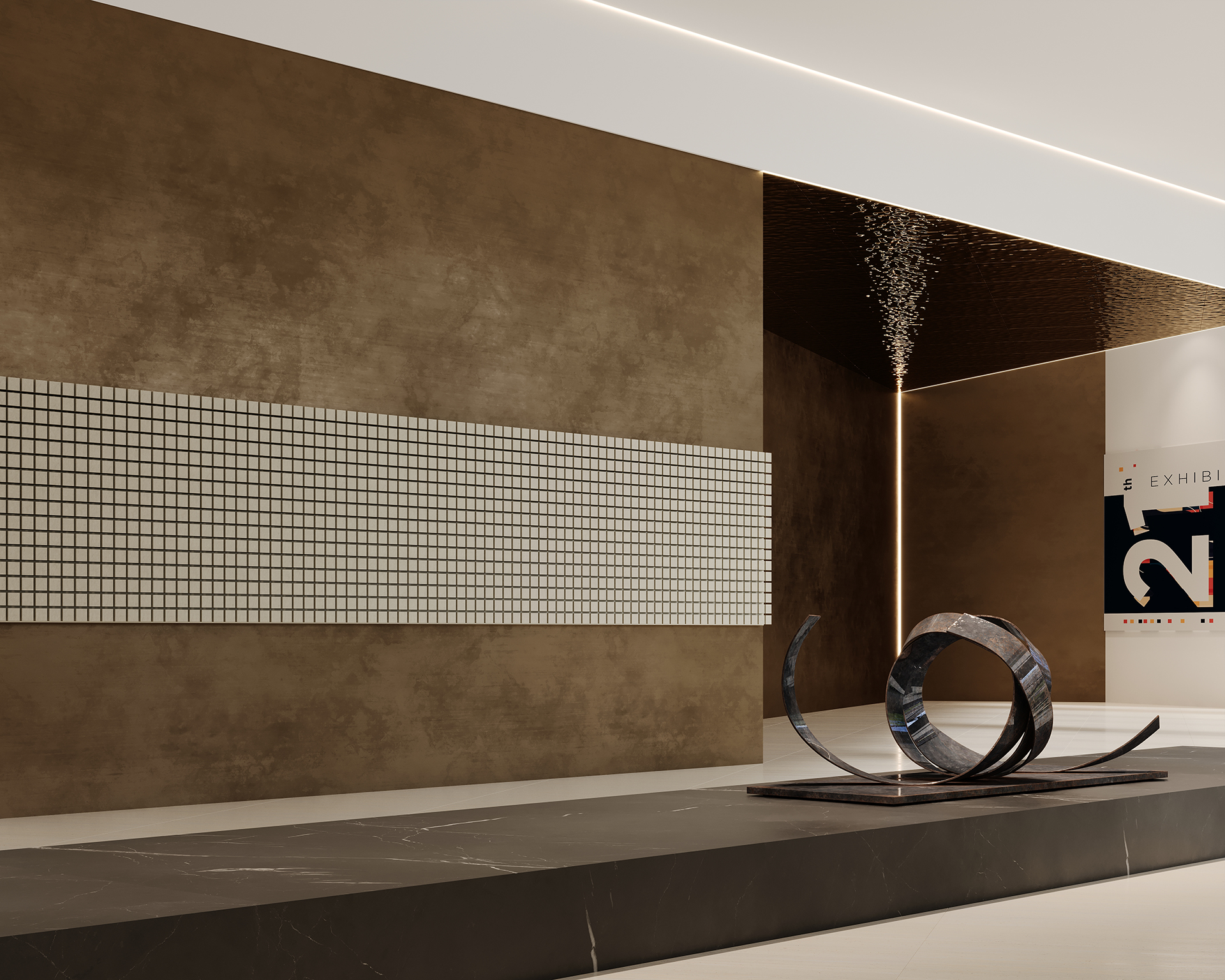Modern art gallery interior with a large brown wall, featuring a tiled acoustic felt pattern. A twisting metal sculpture is displayed on a black stone platform. A narrow light strip runs across the ceiling, illuminating the space. A small poster is on the right wall.
