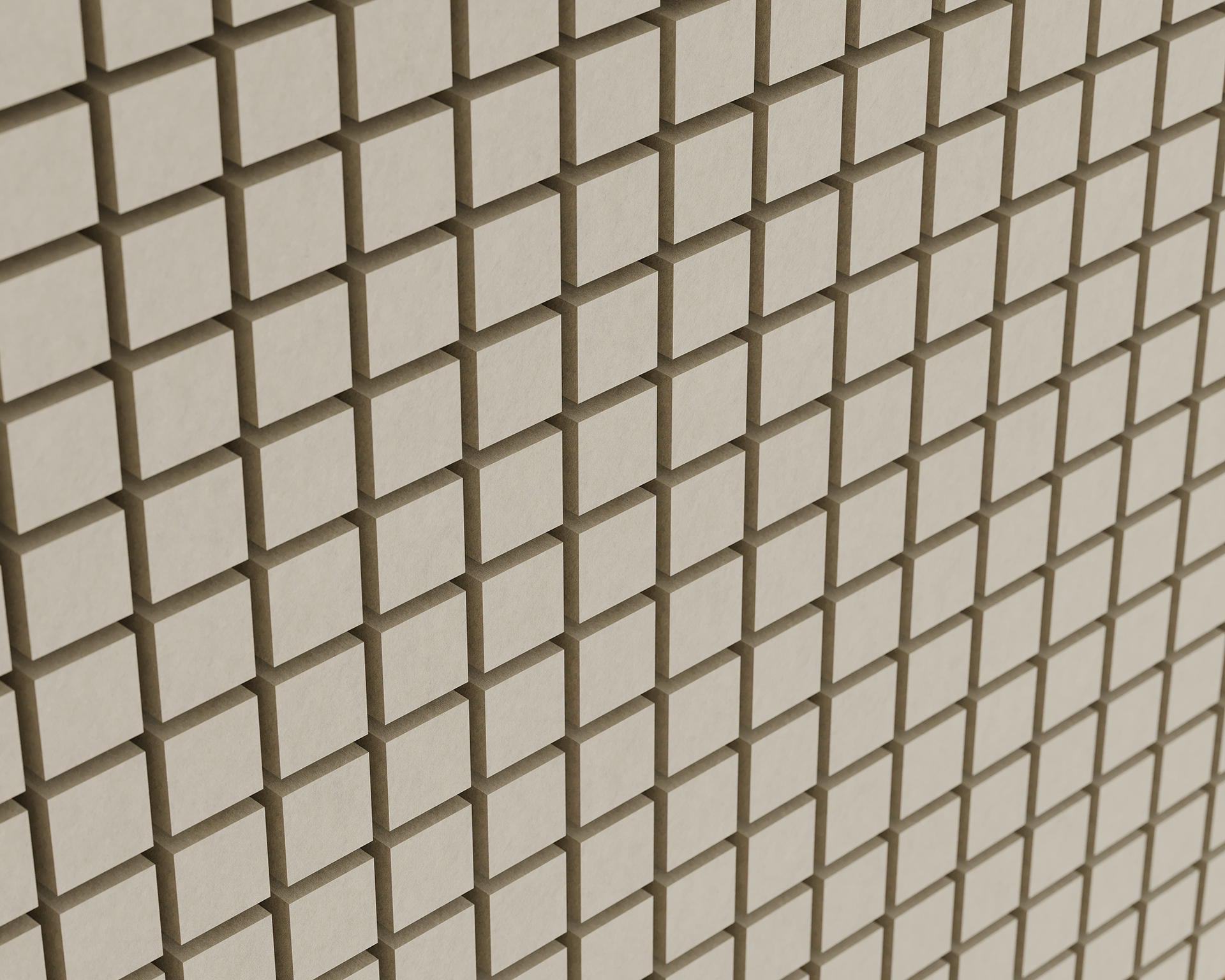 Abstract geometric acoustic felt pattern featuring a grid of evenly spaced, raised, square tiles casting shadows on a beige background. The perspective angle emphasizes depth and symmetry, creating a three-dimensional visual effect.