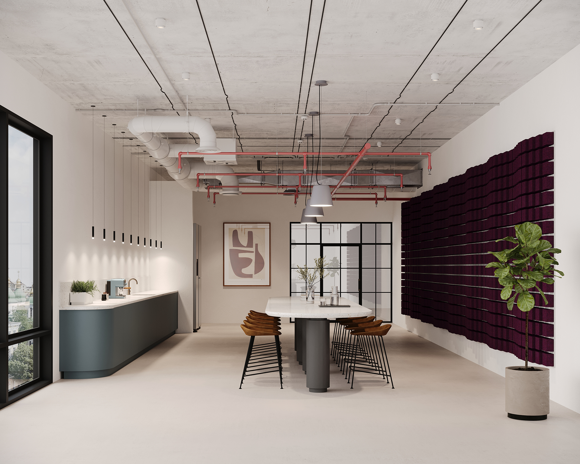 A modern office space with a long table and chairs, purple acoustic felt panels on the wall, and a plant in a pot. The kitchen area includes a countertop with stools under hanging pendant lights. Large windows bring in natural light.