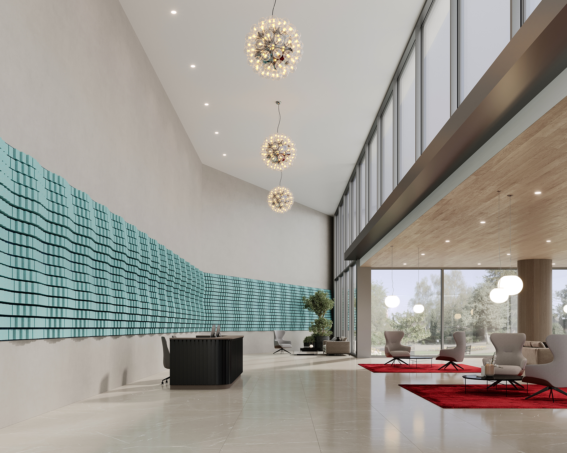 Modern lobby with high ceilings, pendant lights, and a large, abstract turquoise acoustic felt accent wall. A sleek reception desk sits in front. Red rugs and gray chairs furnish a seating area near floor-to-ceiling windows overlooking a garden.