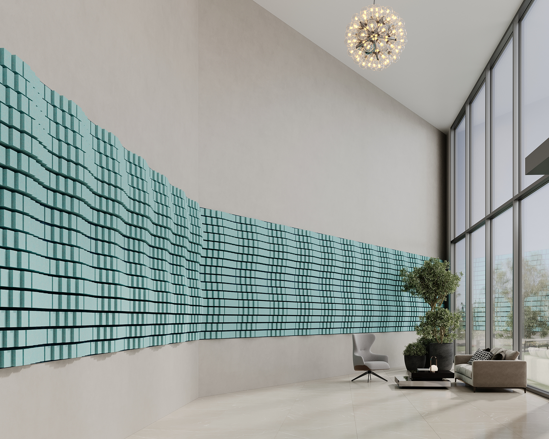 Spacious modern lobby with a high ceiling and large windows. A teal wave-patterned acoustic felt installation covers one wall. A contemporary chandelier hangs from above, and a seating area with chairs and plants is near the windows.