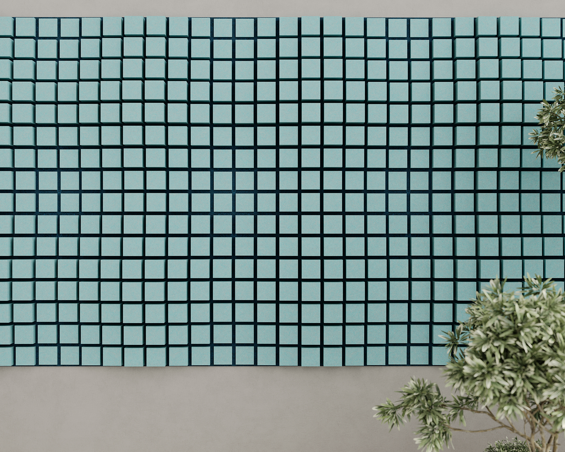 A wall covered with a pattern of small, square blue acoustic felt tiles. The surface is reflective and slightly uneven, creating a wavy effect. In the foreground, there are two green, bushy plants partially visible.