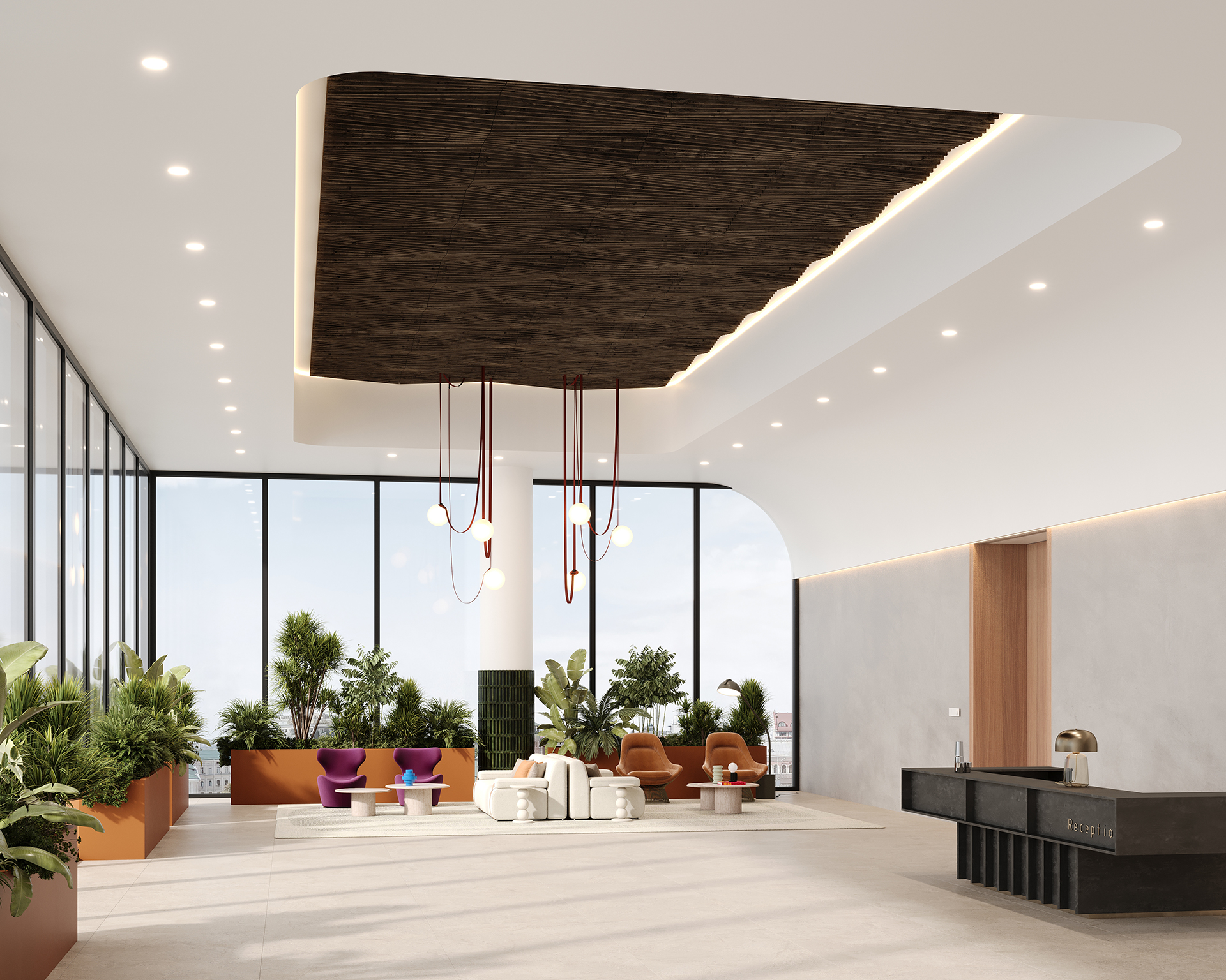 Modern lobby with floor-to-ceiling windows, woodgrain acoustic felt ceiling, and contemporary furniture. Includes seating areas with colorful chairs and sofas, plants, and a sleek reception desk. Natural light fills the spacious area.
