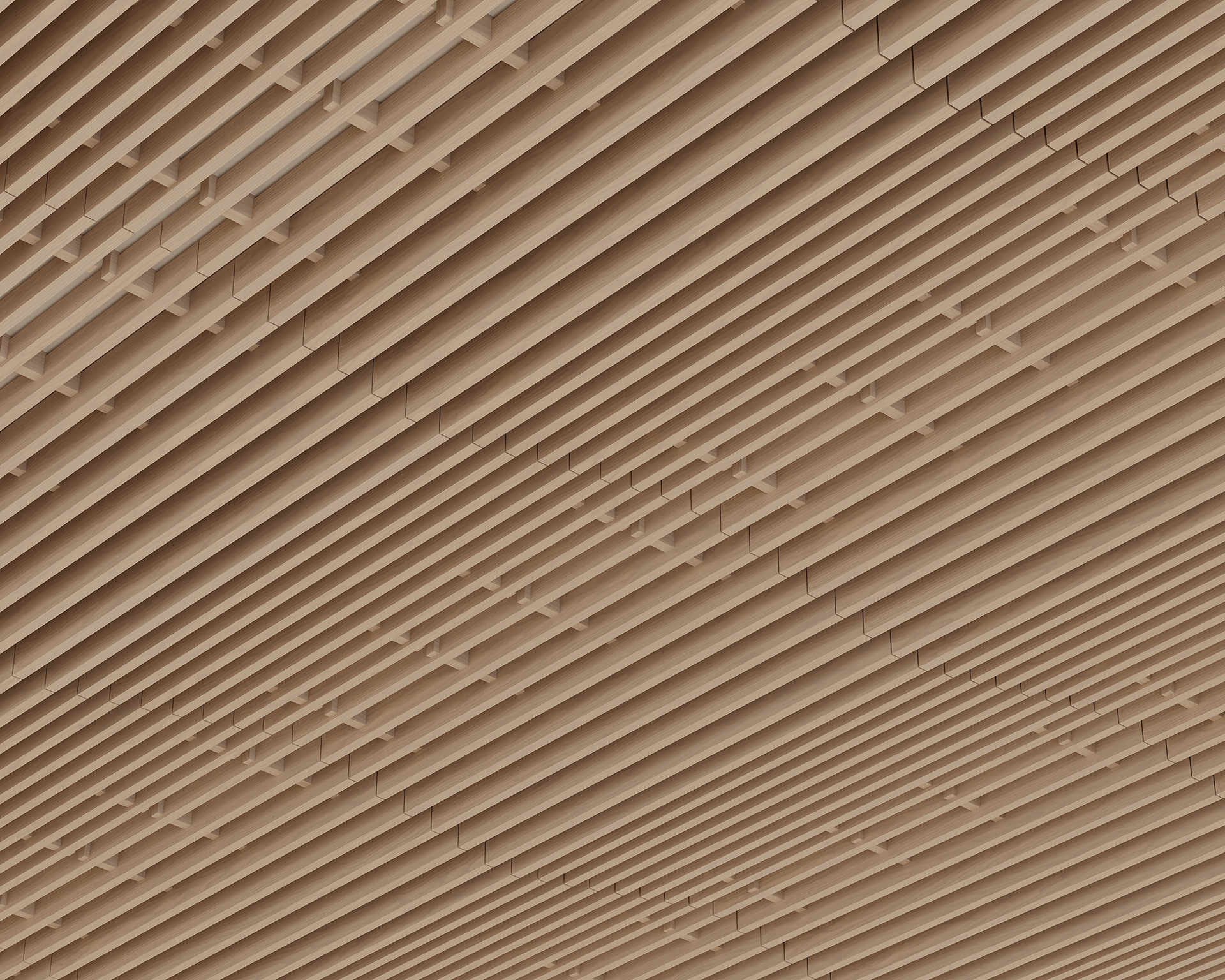 Woodgrain acoustic felt ceiling with evenly spaced parallel slats creating a geometric pattern. The slats form a series of angled lines, resulting in an abstract, modern design. Soft shadows accentuate the textures and depth of the structured layout.
