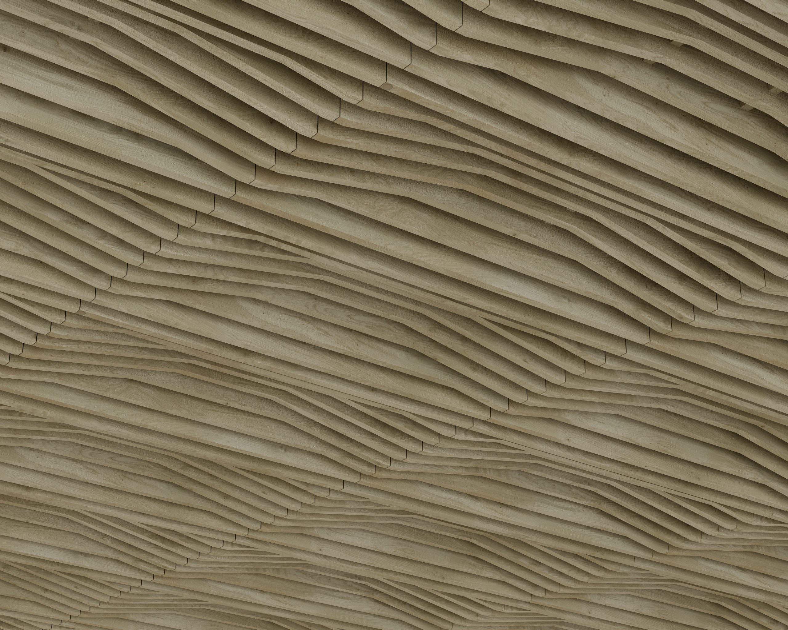 Textured surface resembling undulating waves made of woodgrain acoustic felt slats, creating a rhythmic and layered pattern with varying shades of beige and brown. The arrangement forms a dynamic and organic visual effect.