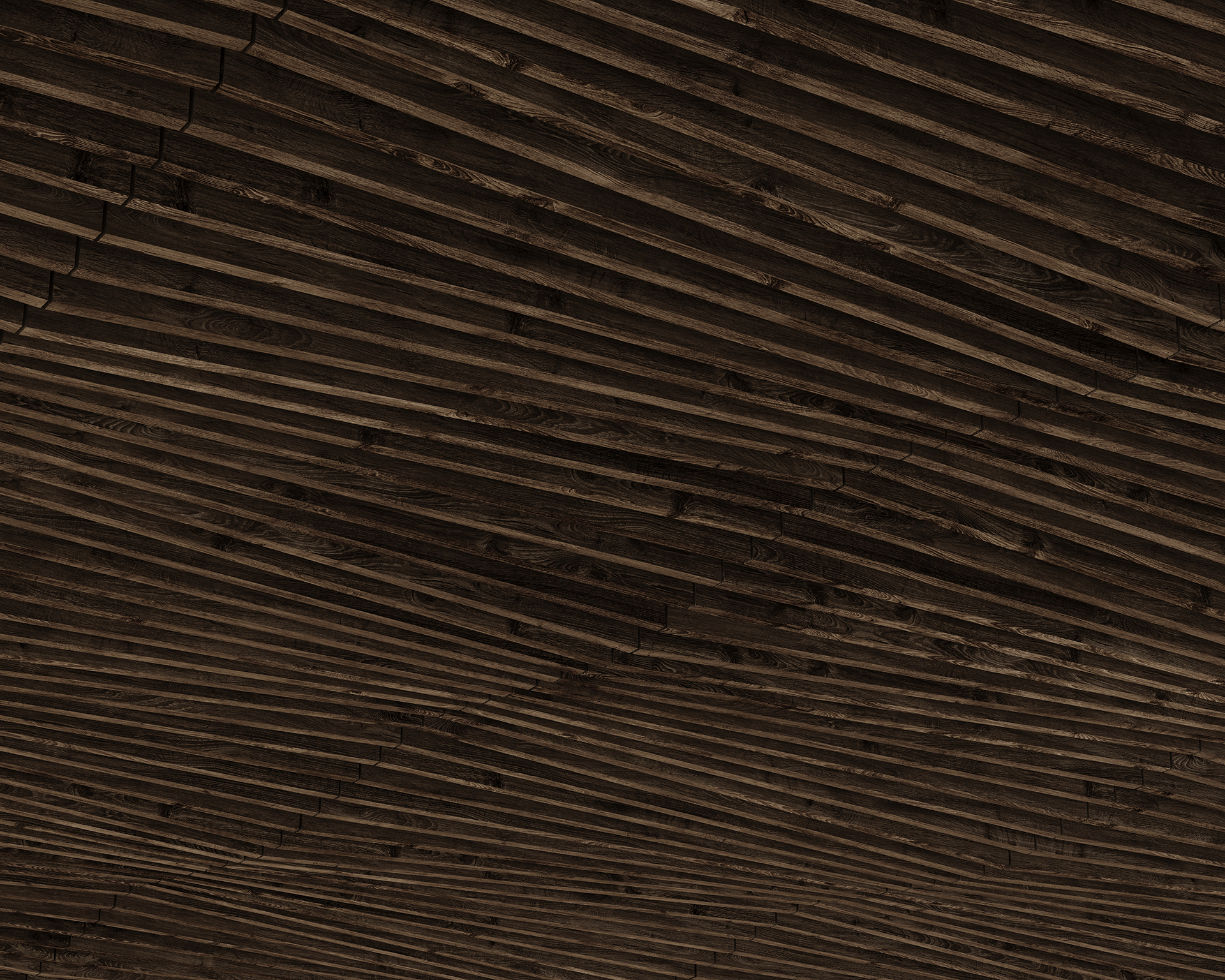 Close-up view of a textured woodgrain acoustic felt ceiling with overlapping, uneven slats arranged in a wavy pattern. The wood is dark in color, adding a sense of depth and warmth to the overall appearance.