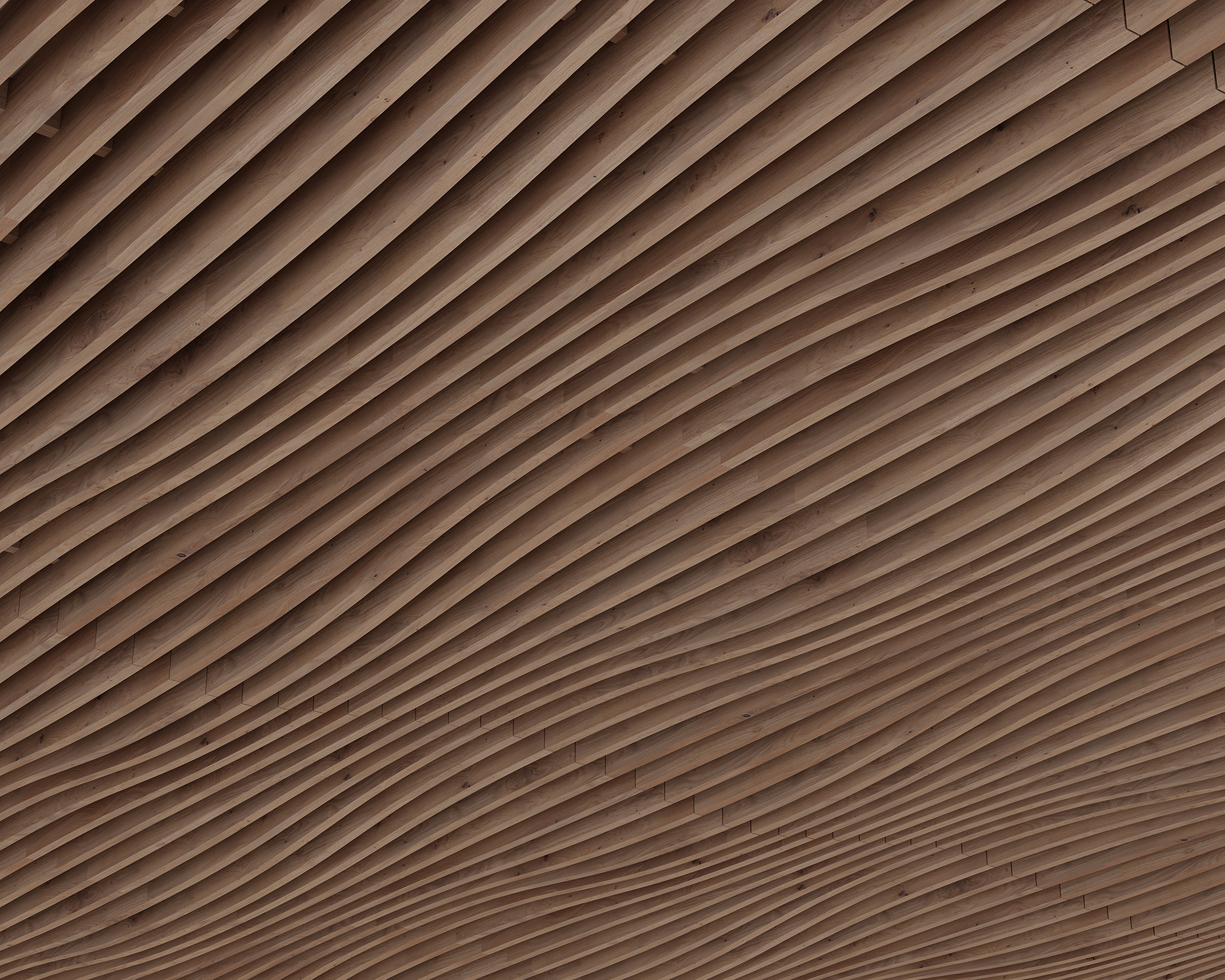 An acoustic felt ceiling features a series of evenly spaced, wavy woodgrain slats running parallel to one another, creating an organic, undulating pattern. The warm tones of the wood add a natural, textured aesthetic to the architectural design.