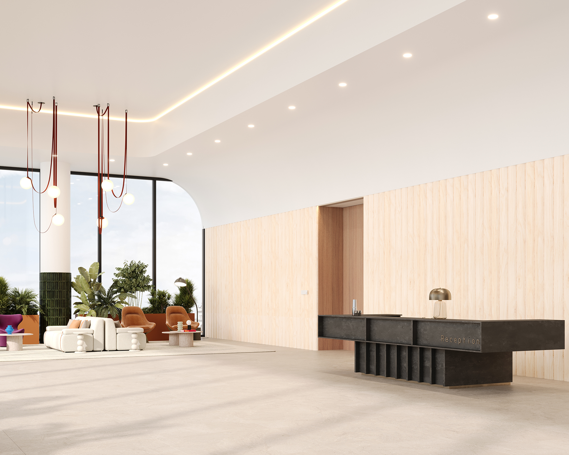 Spacious modern hotel lobby with light woodgrain acoustic felt paneling, minimalist black reception desk, and large windows. Features hanging pendant lights and a seating area with white sofas and brown chairs, surrounded by green plants.