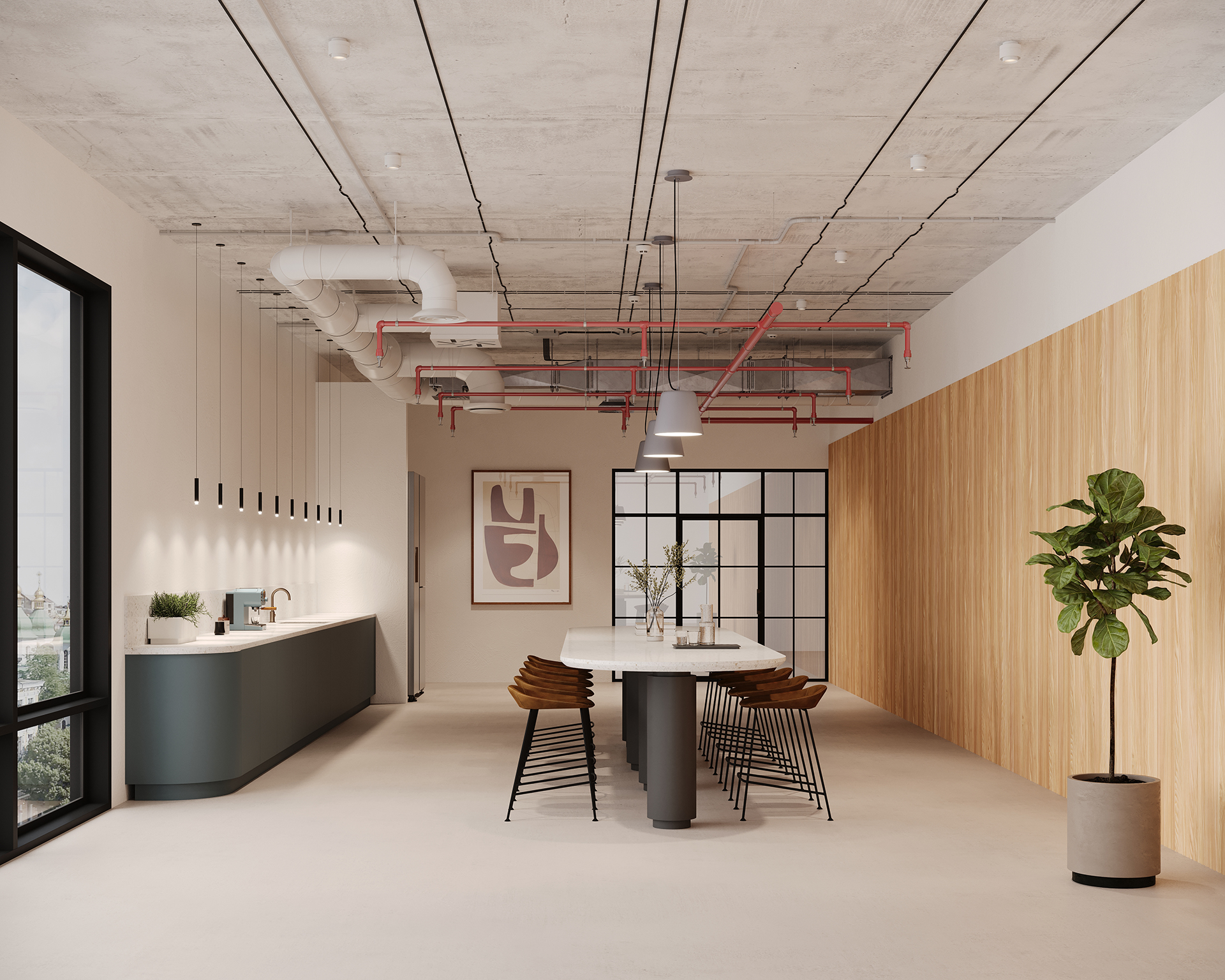 Modern office space with a long table and high chairs in the center. A kitchen area with a counter and sink is on the left. The room features exposed ceilings, woodgrain acoustic felt paneling, framed abstract art, and a potted plant. Large windows allow natural light.