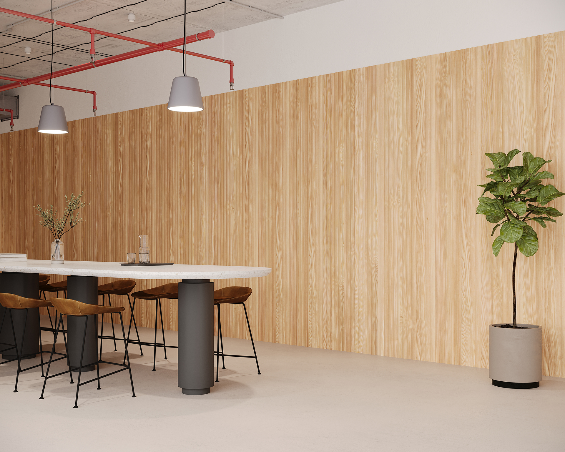 Modern interior with a woodgrain acoustic felt panel wall, a long white table with gray cylindrical legs, surrounded by brown barstools. Overhead, two gray pendant lights hang. A potted plant is placed on the right, and a minimalist decor accentuates the space.