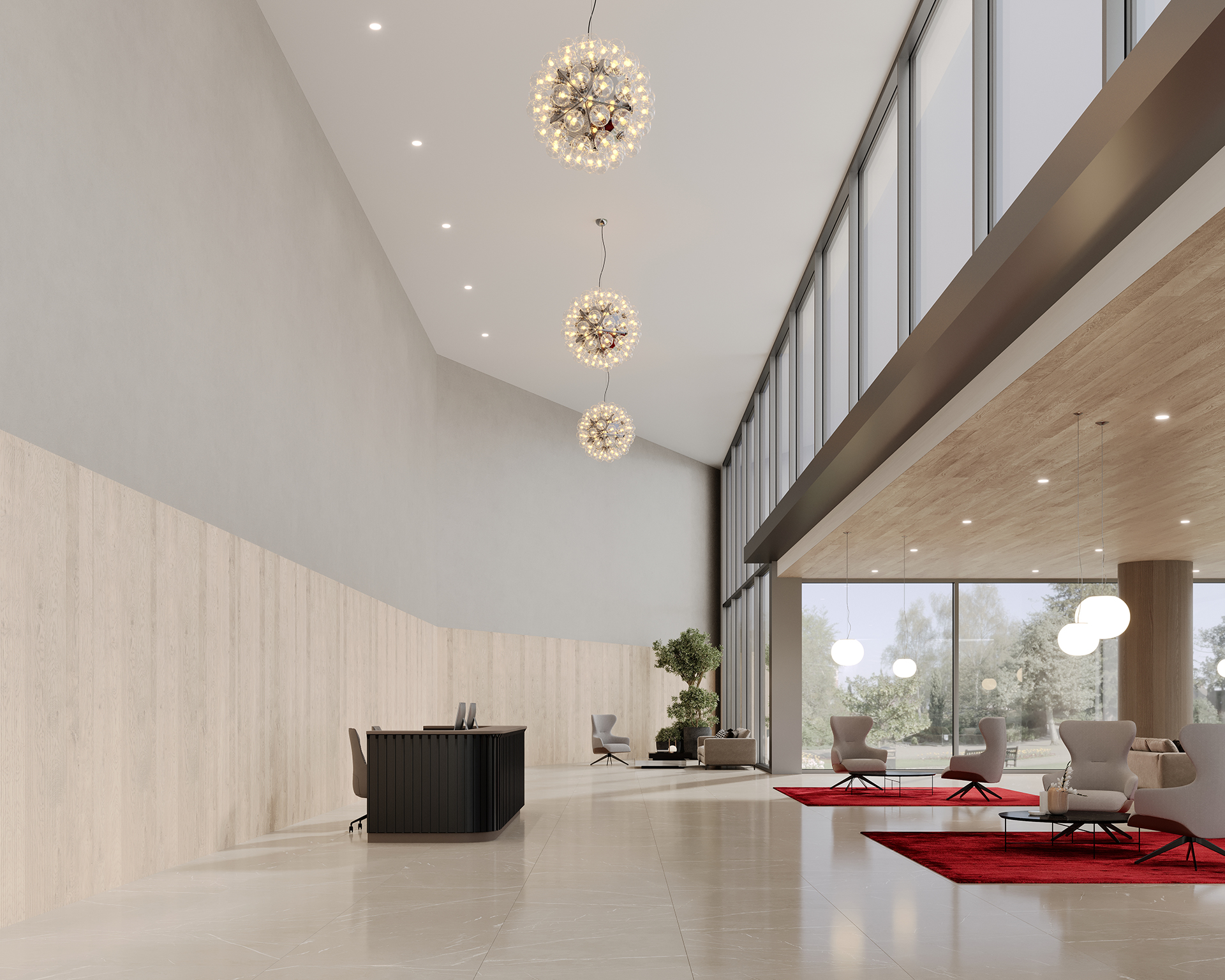 Spacious modern lobby with high ceilings, large windows, and elegant spherical chandeliers. The room features a sleek black reception desk, an acoustic woodgrain accent wall, gray chairs, red rugs, and potted plants, creating a stylish and welcoming atmosphere.