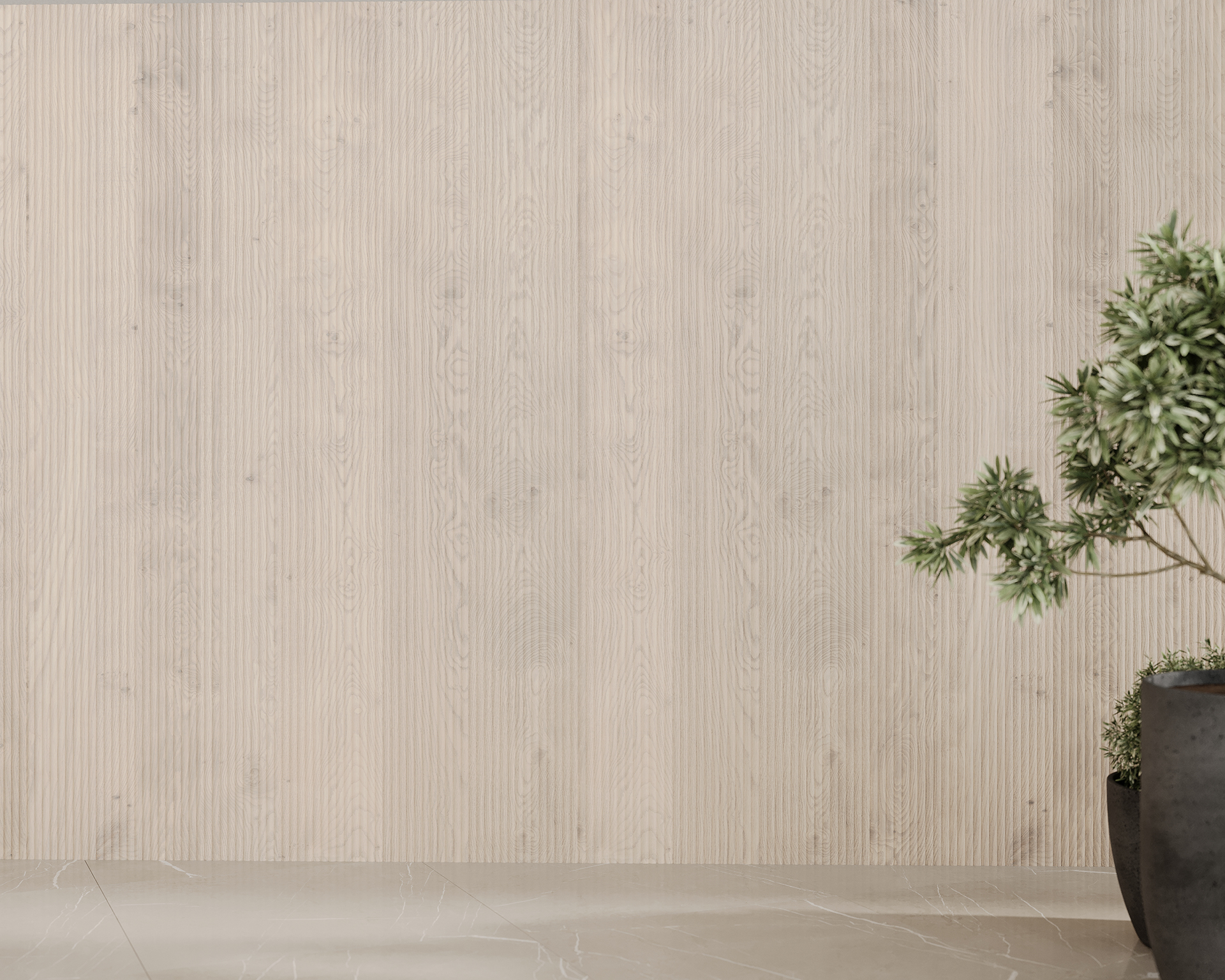 A minimalist indoor scene featuring a light woodgrain acoustic felt textured wall and a polished stone floor. A large green plant in a dark pot is placed to the right, adding a touch of nature to the neutral-toned setting.