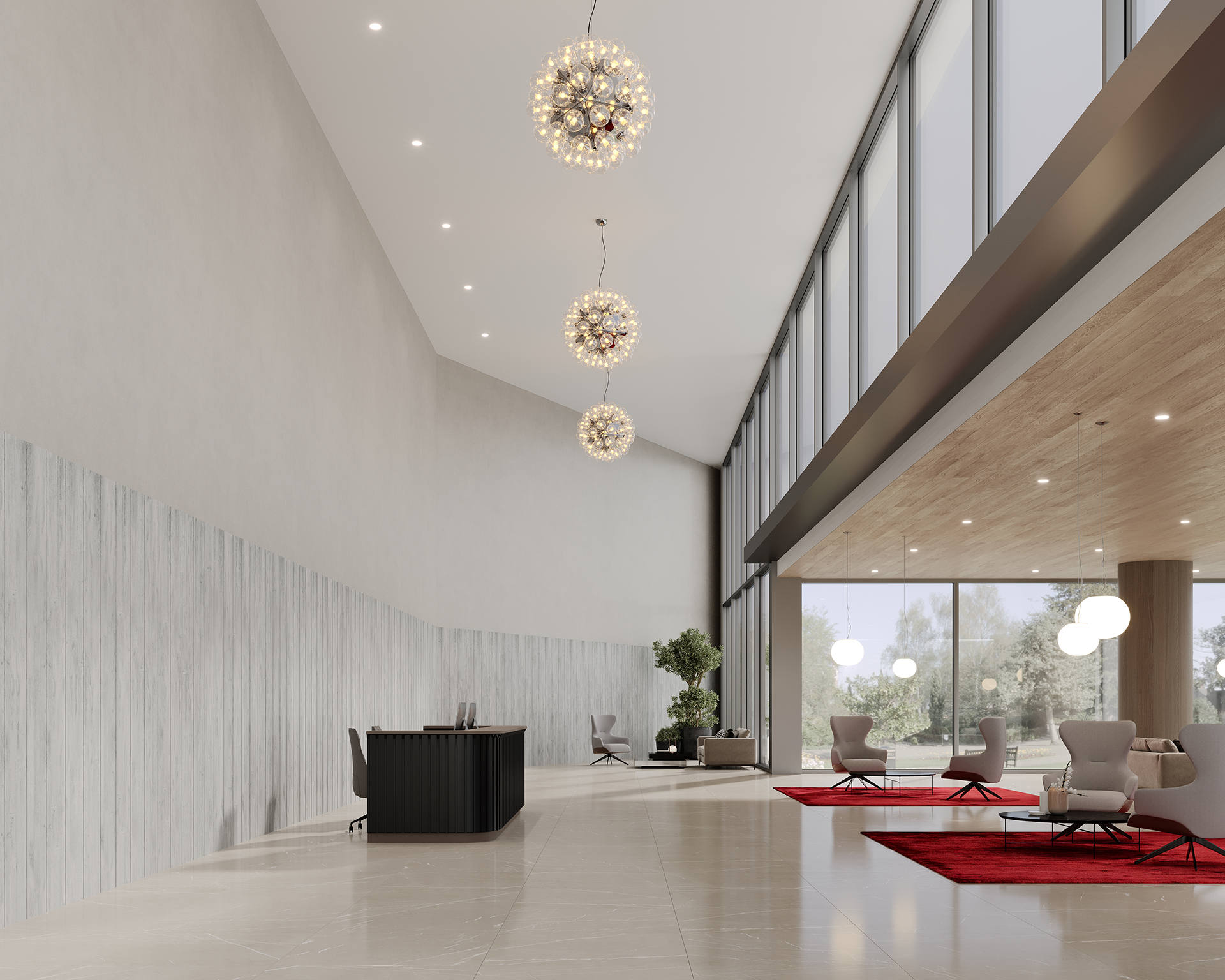 Modern lobby with high ceilings, a woodgrain acoustic felt accent wall, pendant lights, and large windows. A black reception desk sits on the left. Chairs and red rugs are on the right, with trees visible outside. Neutral tones and minimalist design create an airy atmosphere.