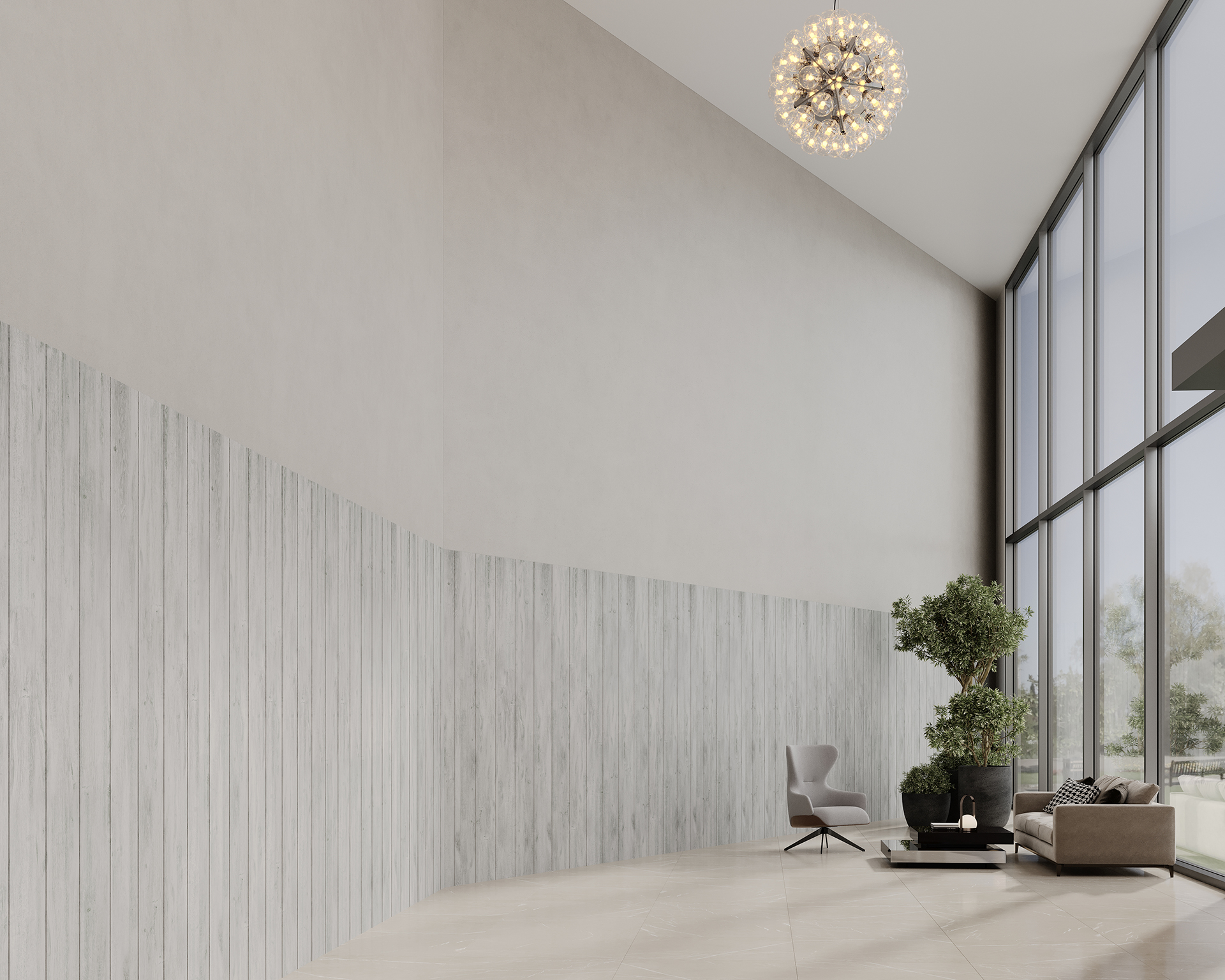 Spacious modern room with high ceilings, featuring a woodgrain acoustic felt accent wall, gray armchair and a low coffee table near large windows. A spherical chandelier hangs from above, and potted plants add greenery to the minimalist decor.