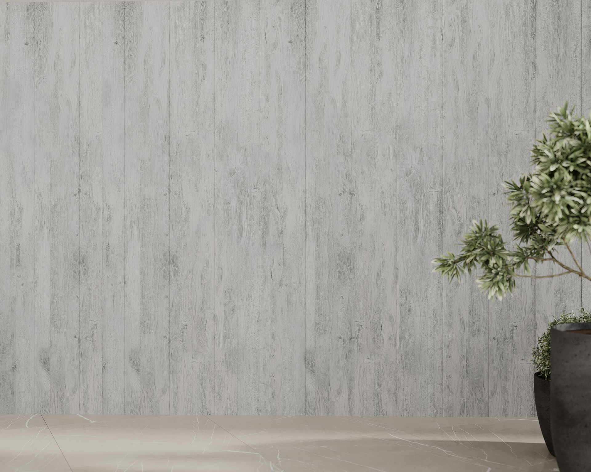 A minimalist interior scene featuring a light gray wood-paneled acoustic felt wall and large beige tiles on the floor. A potted plant with lush green leaves sits in the right foreground, adding a natural touch to the space.