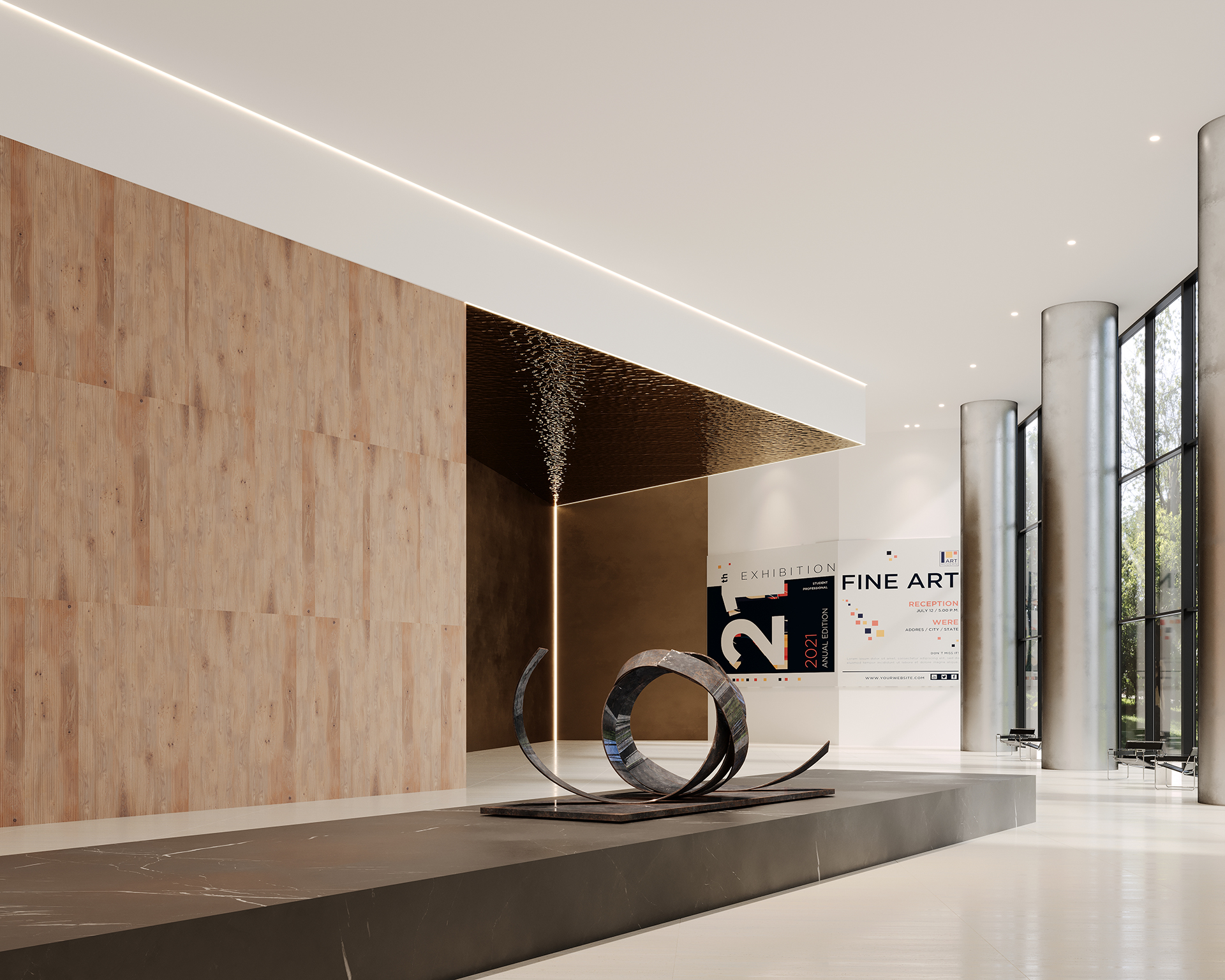 Modern gallery interior with a large abstract metal sculpture on a black platform. Woodgrain acoustic felt wall panels contrast with white walls and tall windows, allowing natural light. A poster on the wall advertises a fine art exhibition.