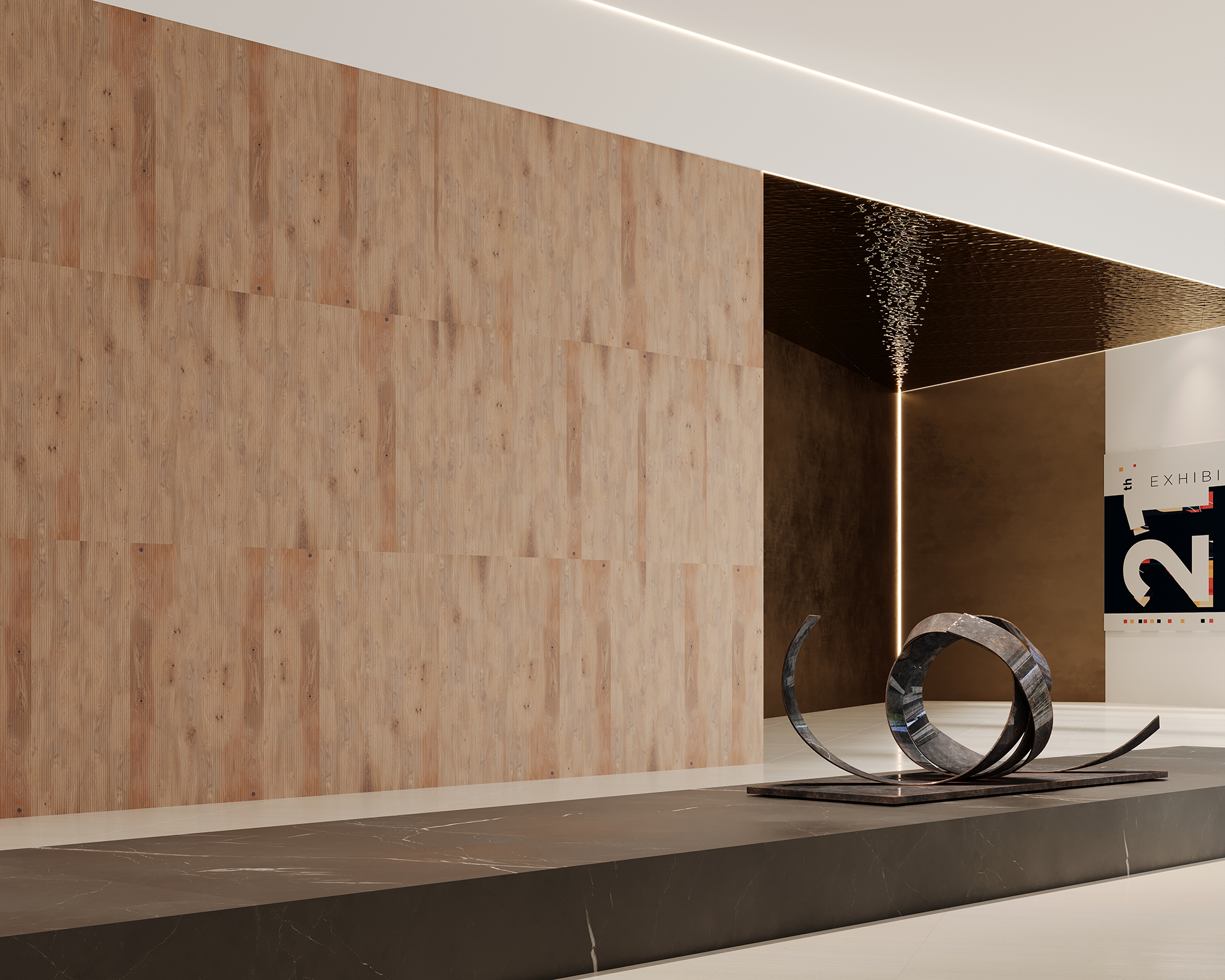 A modern art gallery interior with a large abstract metal sculpture on a sleek black platform. The background features a woodgrain acoustic felt panel wall. A section of a modern painting with a large "21" is visible on the right.