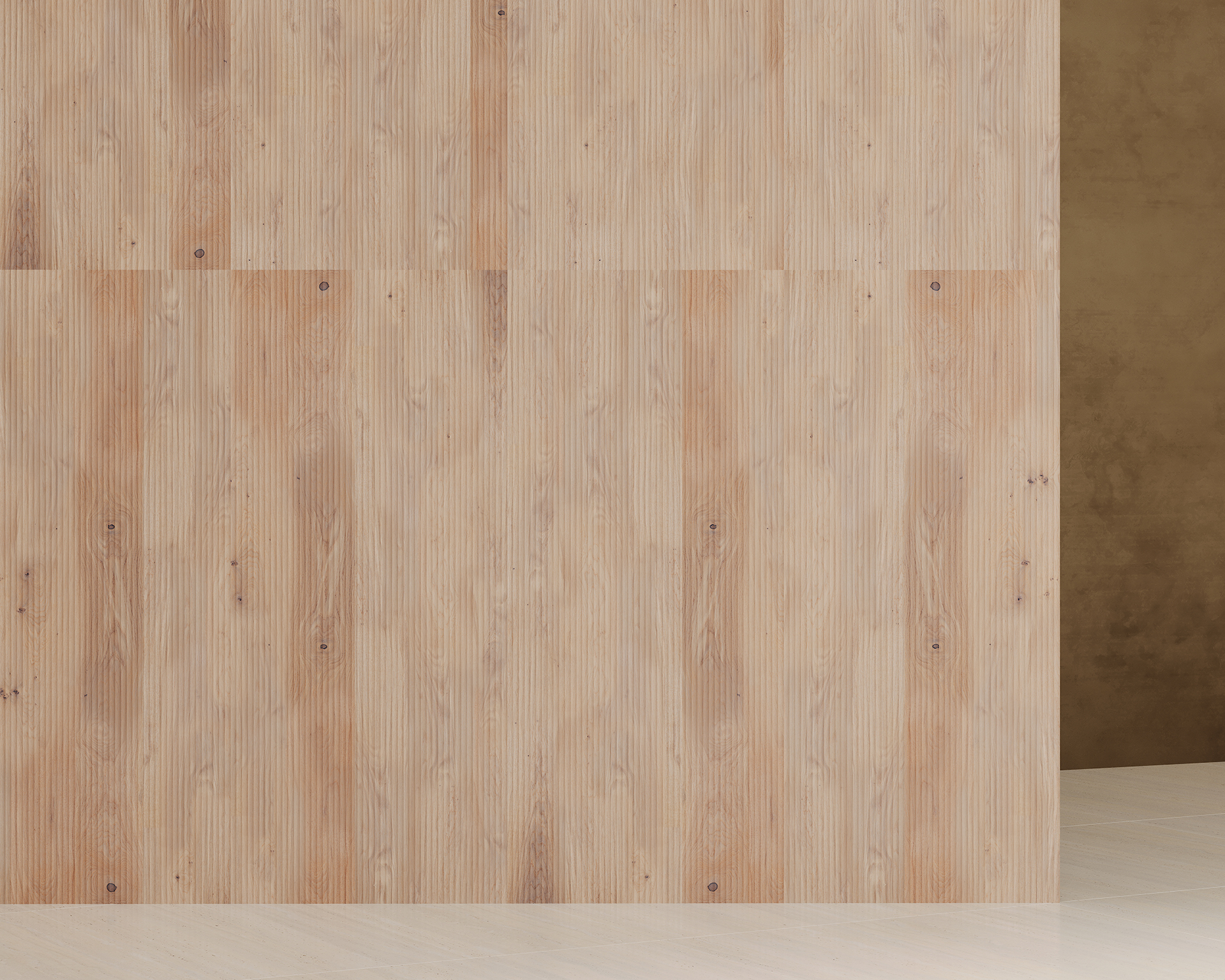 Woodgrain acoustic felt panels form a wall with a pattern of vertical lines in natural tones. The floor is a light beige color, and a section of the wall on the right has a darker, textured surface.