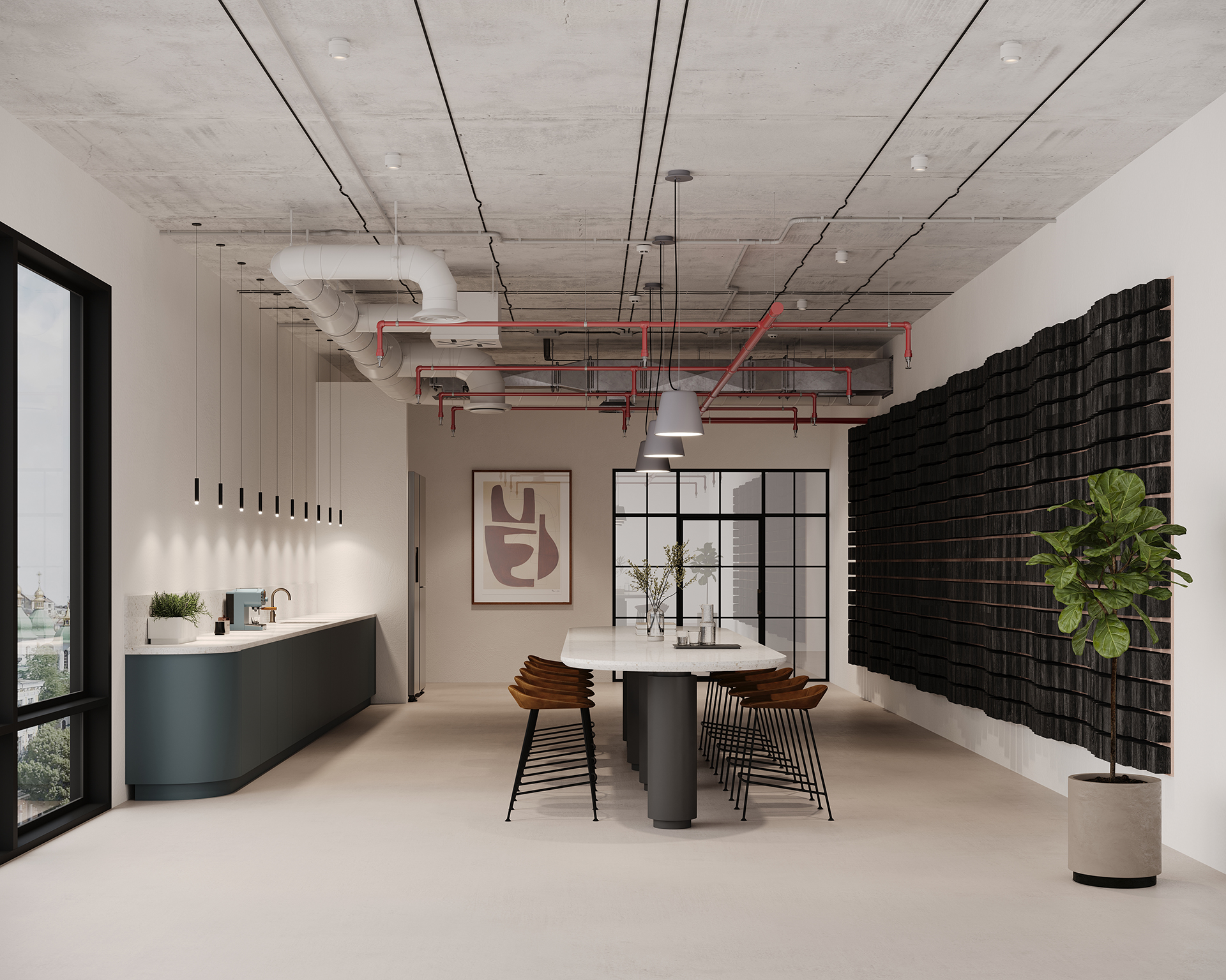Modern office space with a long table surrounded by stools, a kitchenette on the left, an acoustic felt accent wall, and a large plant in the corner. Exposed concrete ceiling with red pipes and hanging lights. Artwork on the walls and large windows offer natural light.