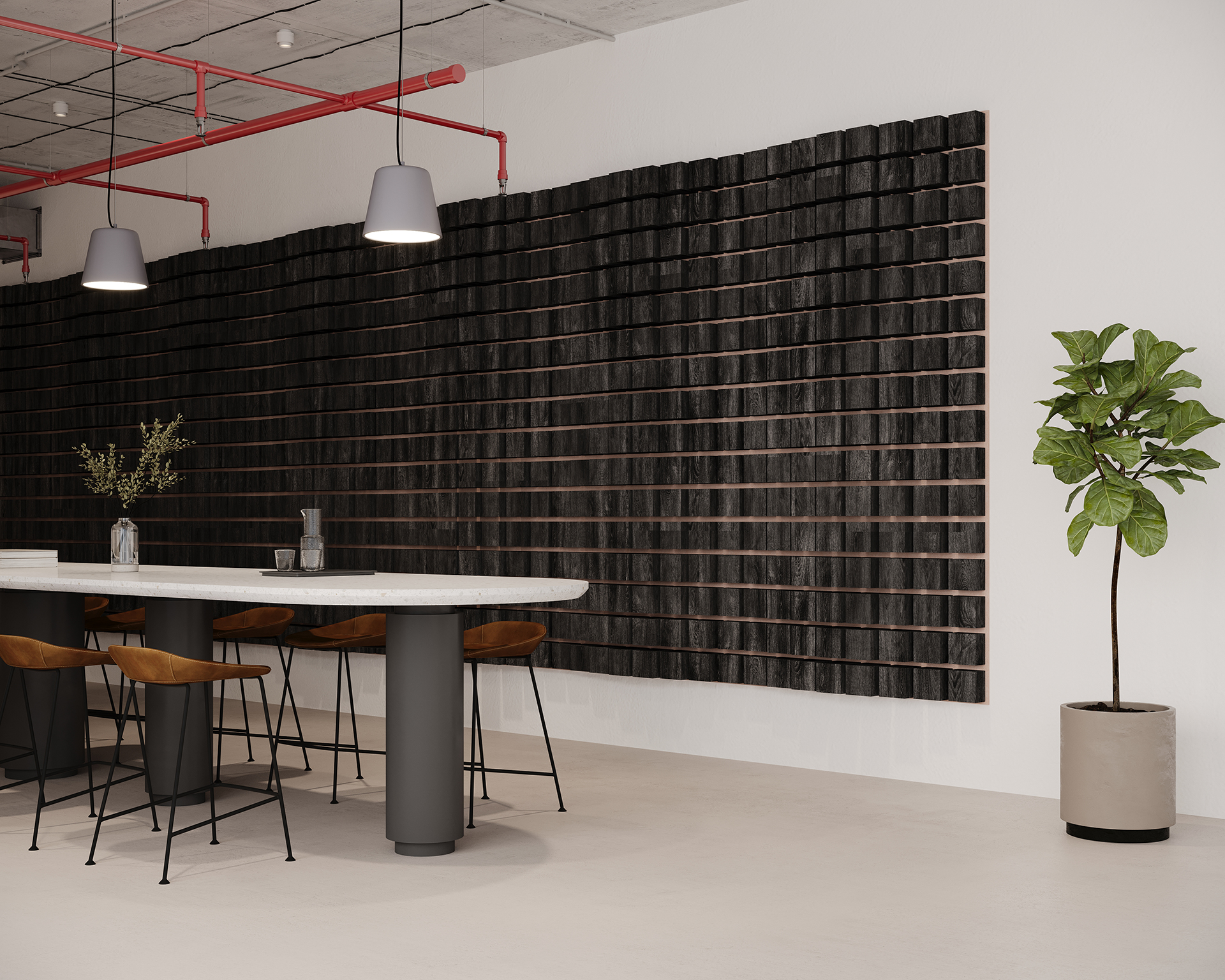 Modern interior with a long white table surrounded by dark wooden chairs. Overhead, stylish pendant lights hang from the ceiling. A textured black acoustic felt wall decorates the space, and a green potted plant stands to the right.
