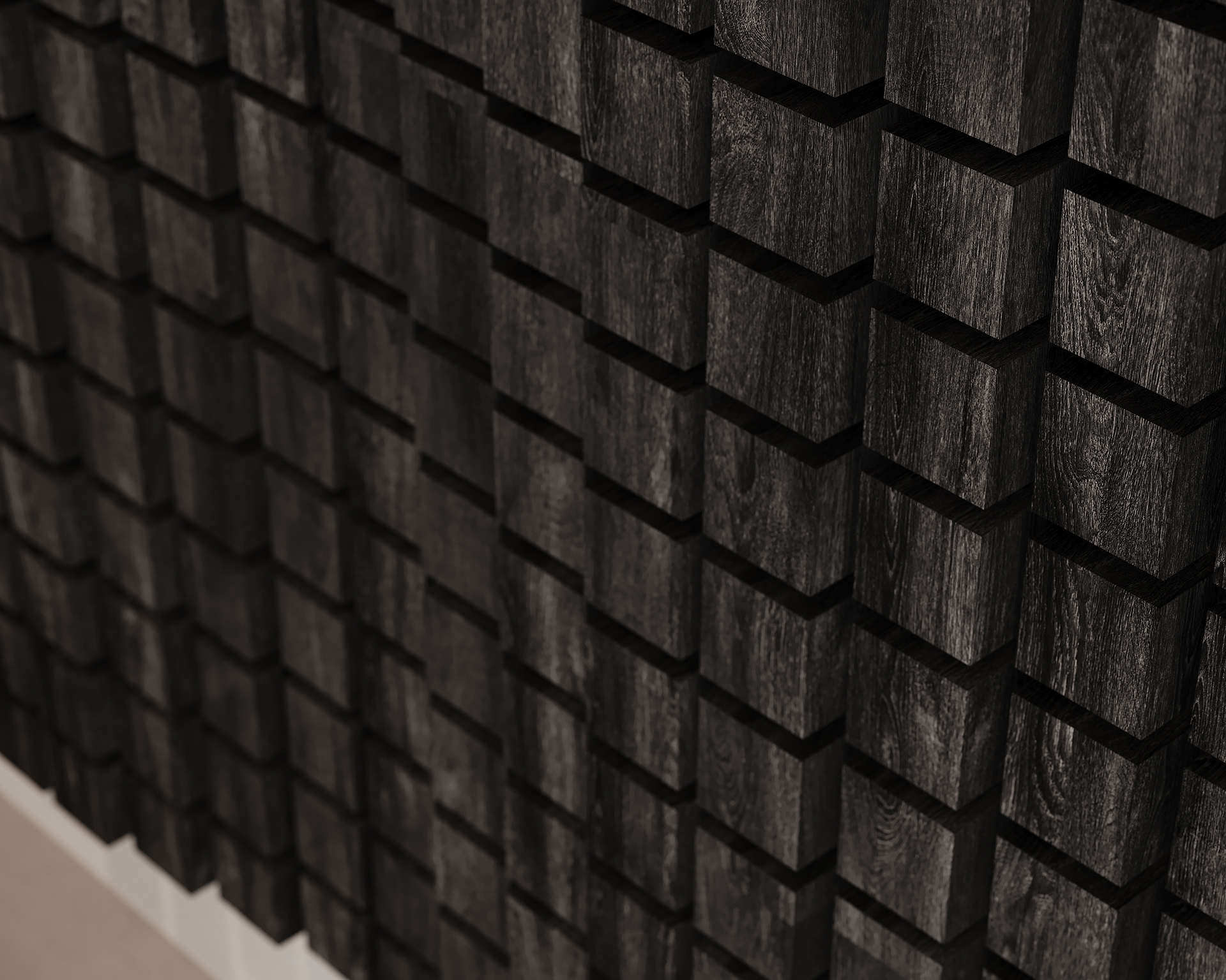 Close-up of a textured acoustic felt wall with rows of dark wooden rectangular blocks, creating a geometric pattern. The blocks have visible wood grain, and the arrangement casts subtle shadows, enhancing the three-dimensional effect.