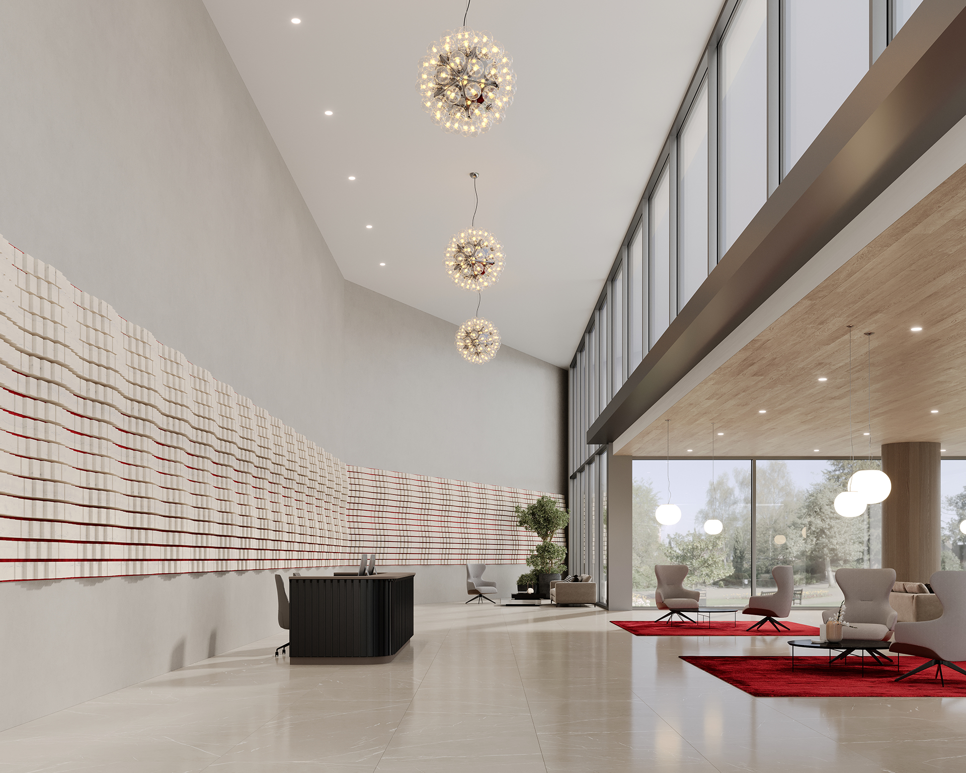 Modern lobby with high ceilings, large windows, and hanging spherical chandeliers. Features a long reception desk with a geometric acoustic felt backdrop, seating area with red rugs, and plants. Natural light illuminates the space.