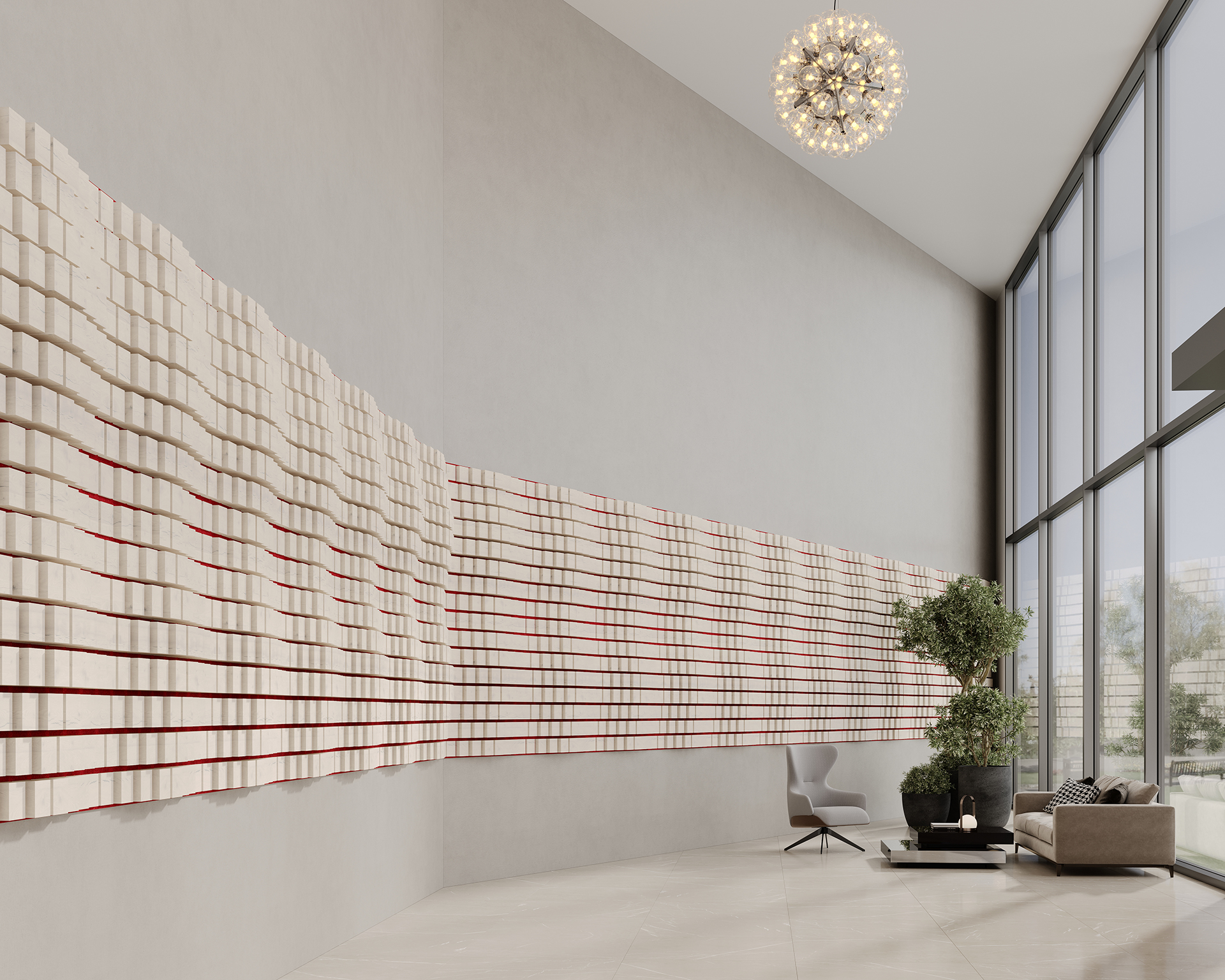 Modern interior with a high ceiling and large windows. A unique wall installation made of layered acoustic felt with wave patterns and red accents decorates the wall. The room features a chair, sofa, coffee table, plant, and spherical chandelier.