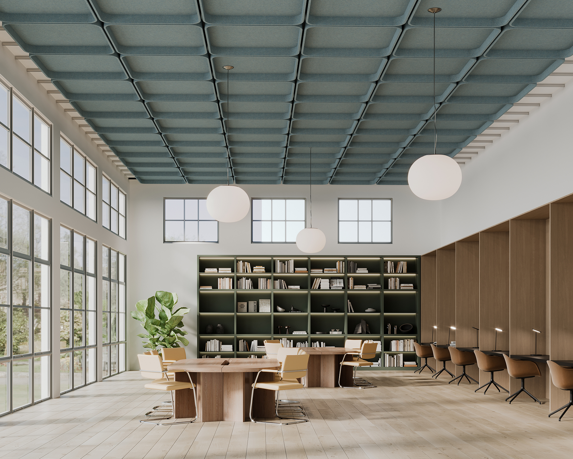 A modern library interior with large windows, light blue acoustic felt ceiling panels, and pendant lights. Wooden tables and shelves filled with books line the walls. Potted plants add greenery to the spacious room with a light wood floor.