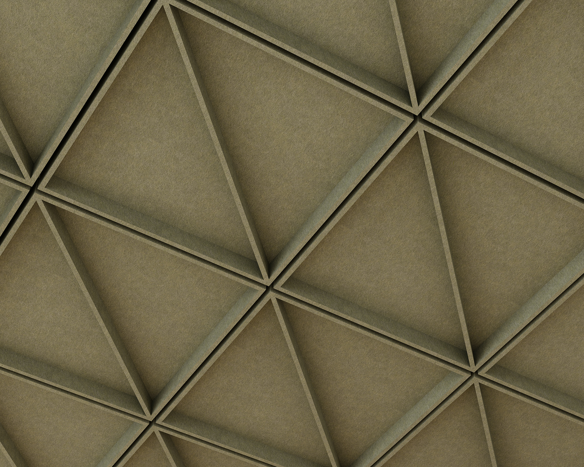 Close-up view of a geometric acoustic felt ceiling pattern featuring a series of interlocking triangles and diamonds. The surface has a textured, beige appearance, creating a symmetrical, three-dimensional effect.